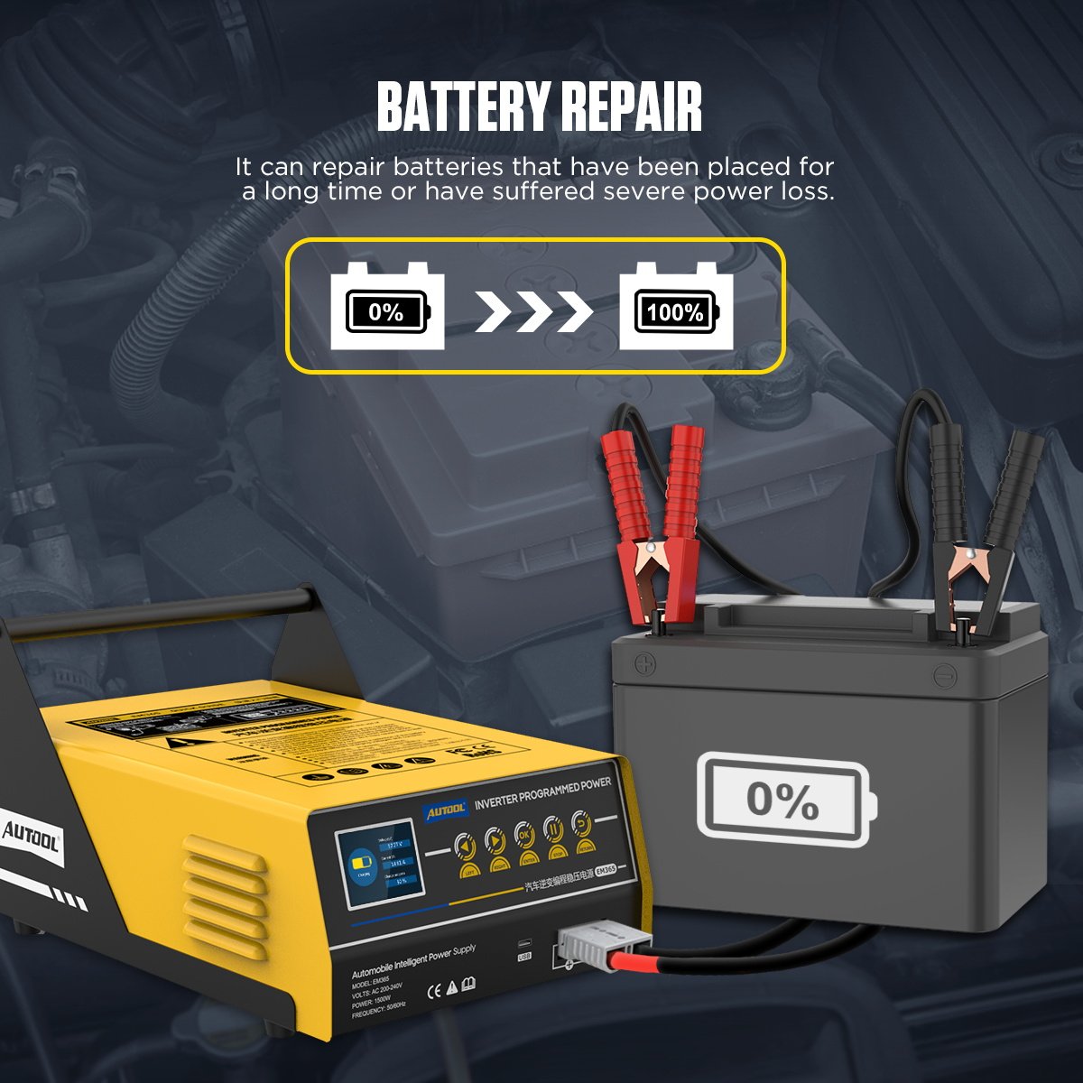 AUTOOL EM365 Portable Jump Starter Inverter Battery Charger Booster Programming Fast Charging DC Power Battery Tester
