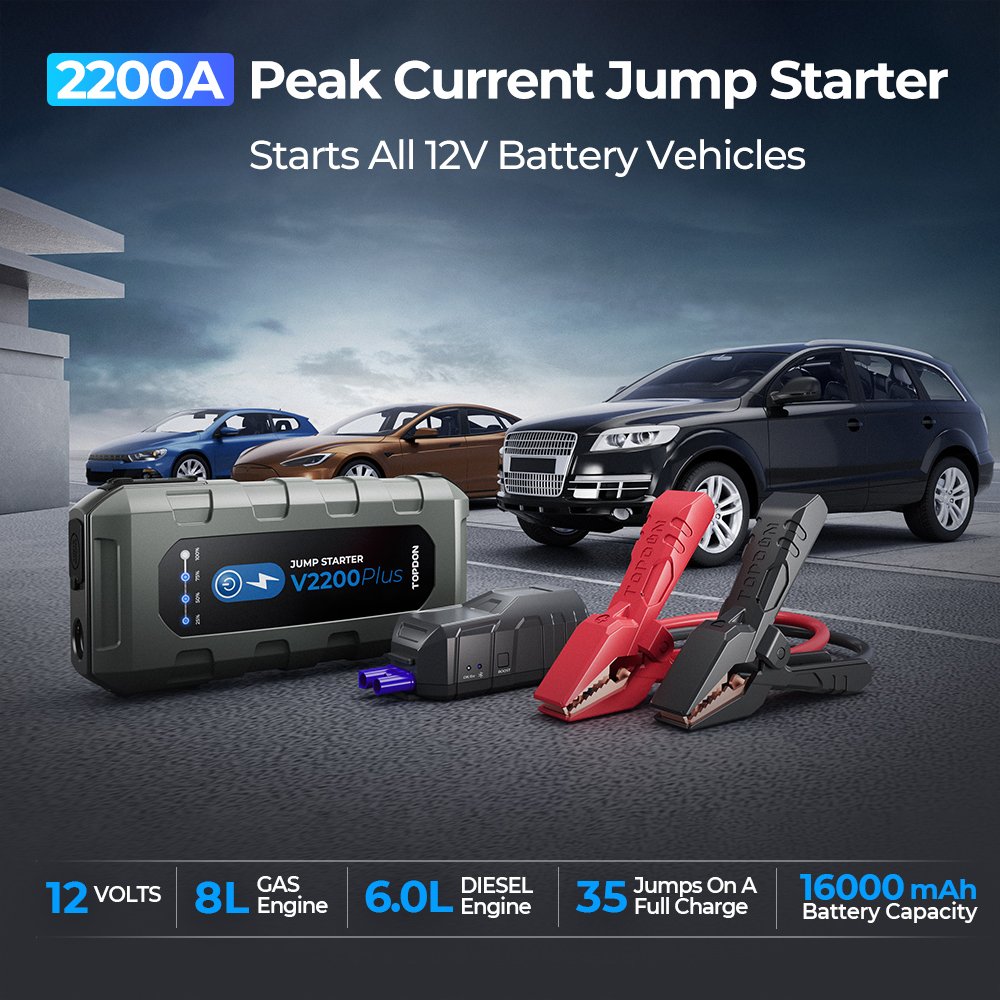 TOPDON AU USA EU UK Stock V2200Plus 2200A 12V Emergency Portable Truck Car Booster 2-in-1 Battery Tester Jump Starter Power Bank