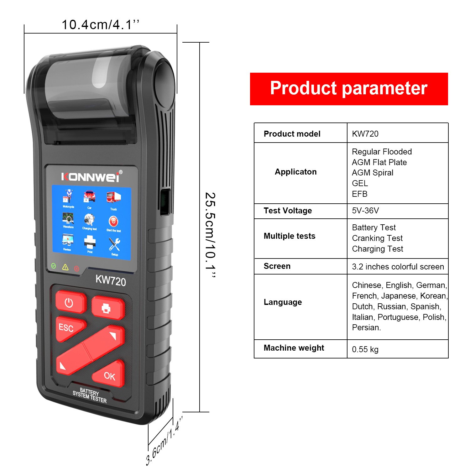 OEM Factory Universal vehicle diagnostic tools Konnwei kw720 battery tester with printer for 6v 12v 24v car truck batteries