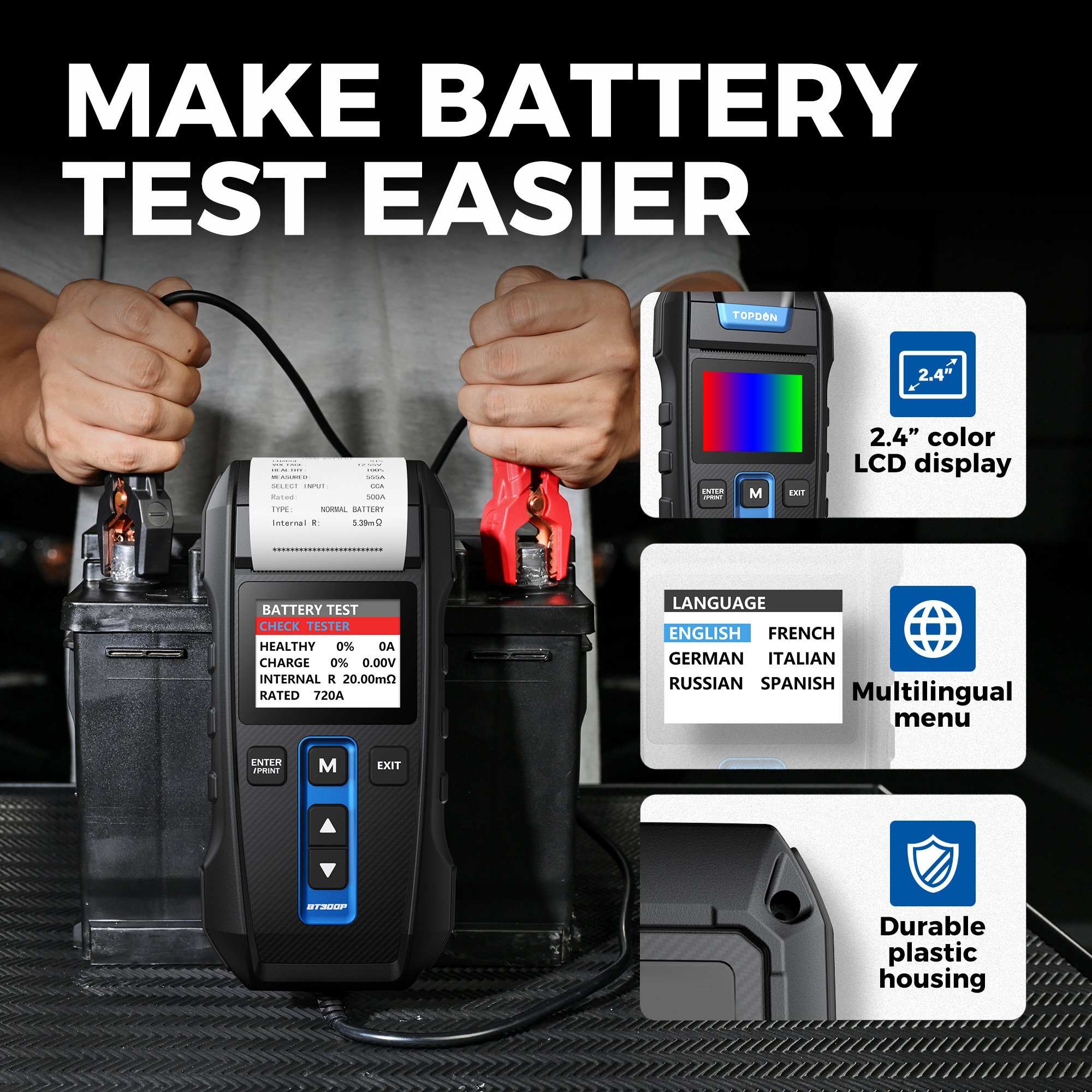 TOPDON BT300P Portable Intelligent 12V 24Volt Lcd Display Auto Car Battery Tester Dc 24V Battery Analyzer With Built in Printer