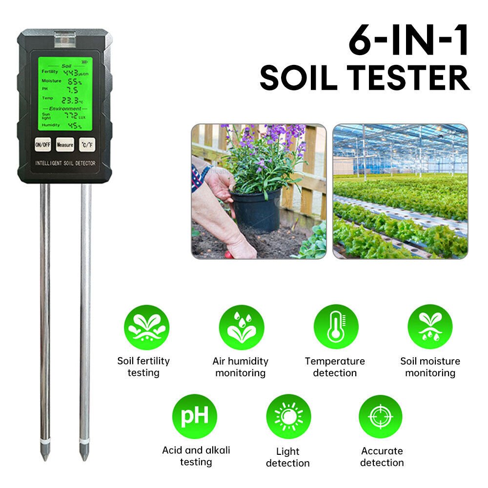 Newest 6-in-1 Soil Detector Digital Soil Moisture Tester Meter Fertility PH Soil Testing Tool for Garden Agriculture Plant