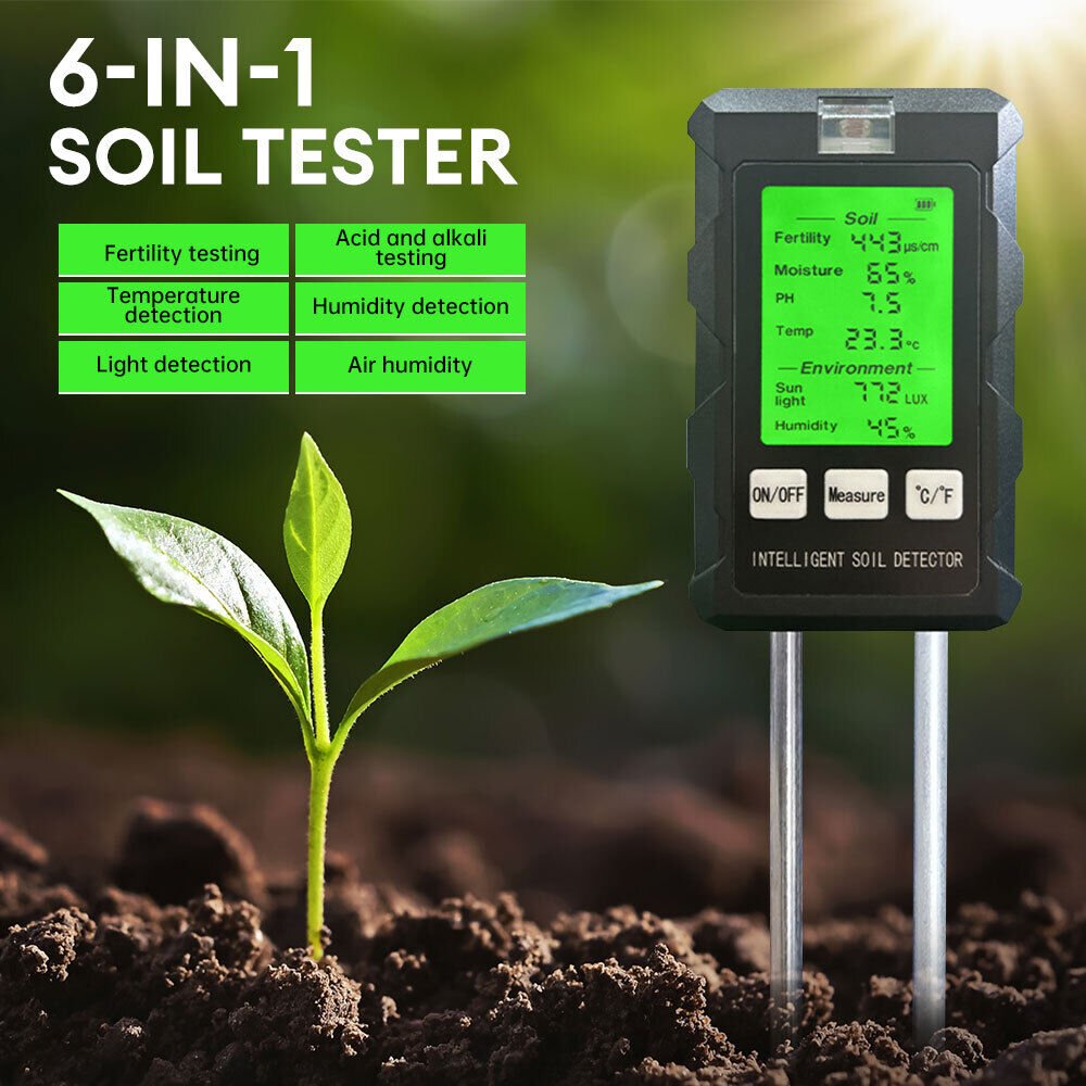 Newest 6-in-1 Soil Detector Digital Soil Moisture Tester Meter Fertility PH Soil Testing Tool for Garden Agriculture Plant