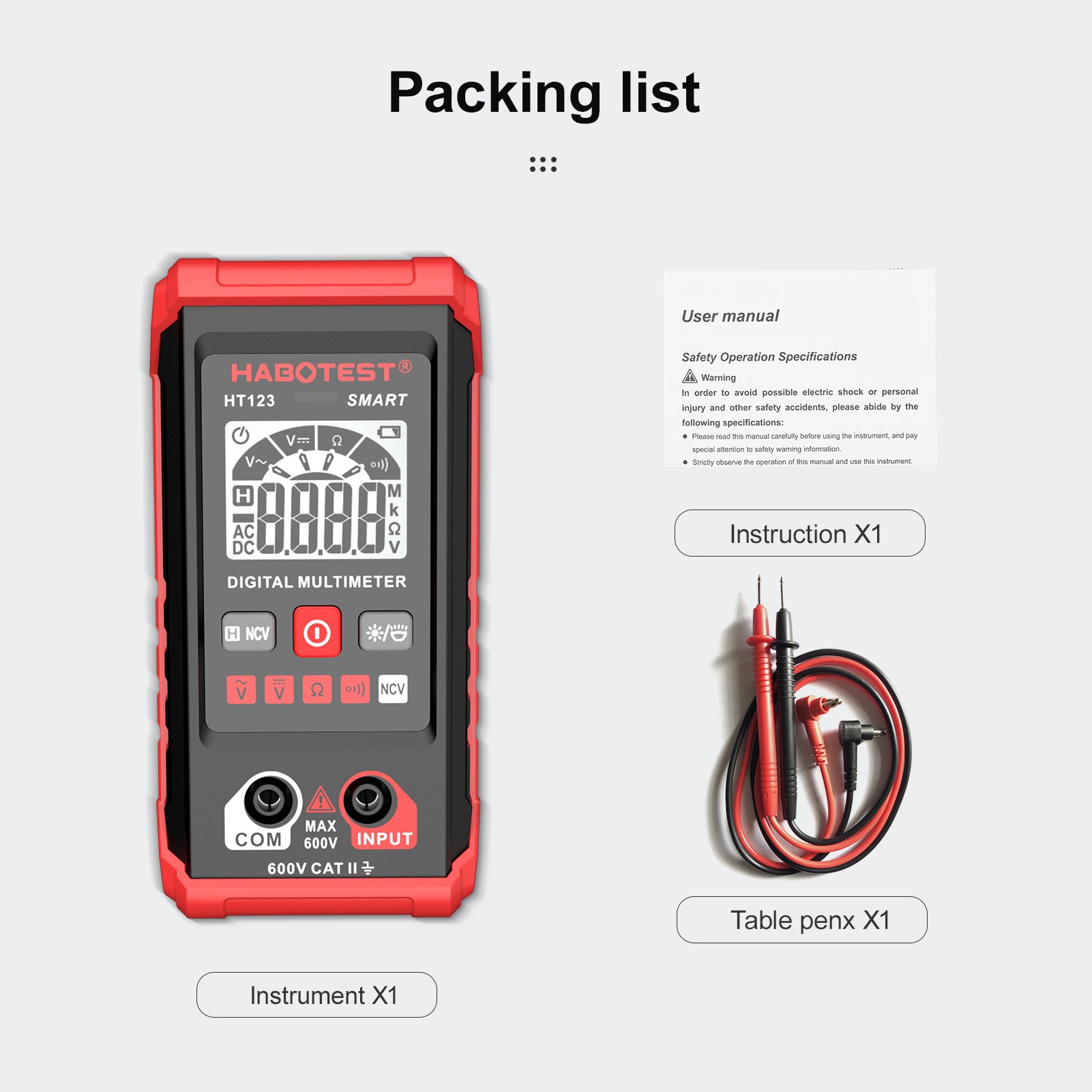 HABOTEST HT123 Digital Multimeter Auto Range Multi-meter 2,000 Counts True RMS Measuring AC/DC Voltage Resistance NCV Test