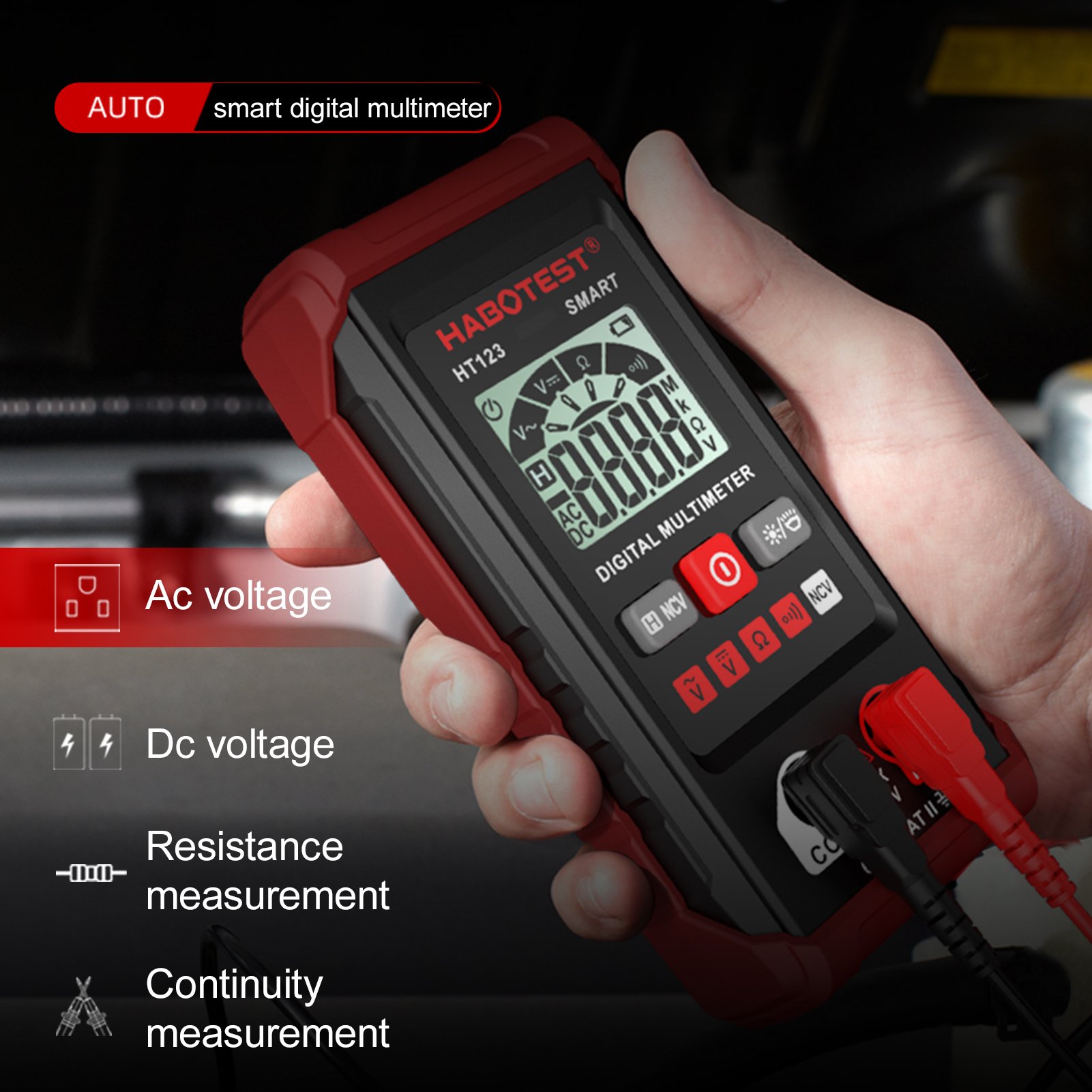 HABOTEST HT123 Digital Multimeter Auto Range Multi-meter 2,000 Counts True RMS Measuring AC/DC Voltage Resistance NCV Test