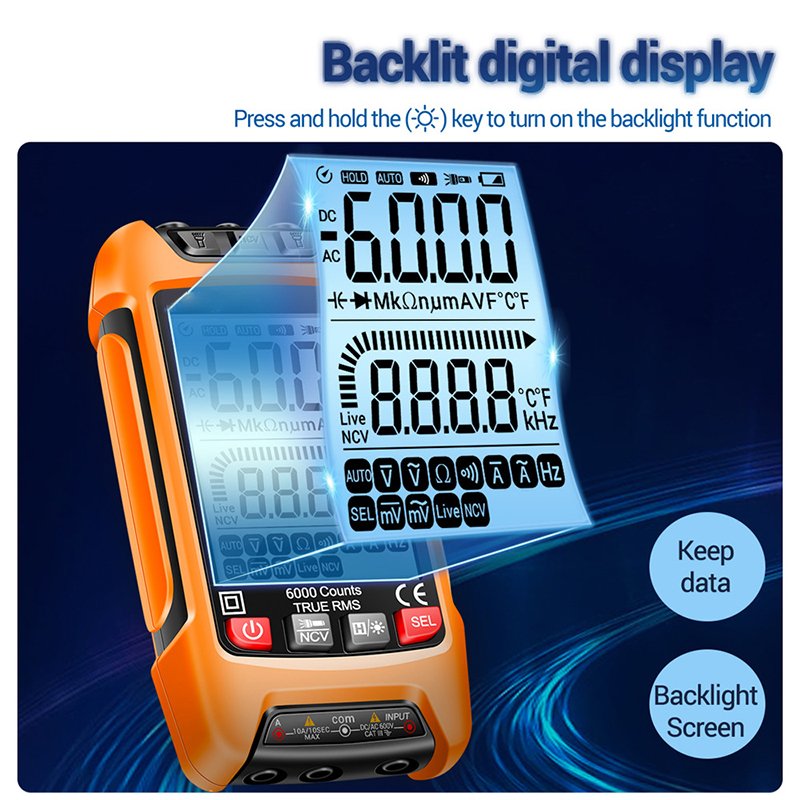 Large Screen LCD Backlight Display Smart Digital Multimeter AC DC Voltage Currrent Resistance Multimeter Tester