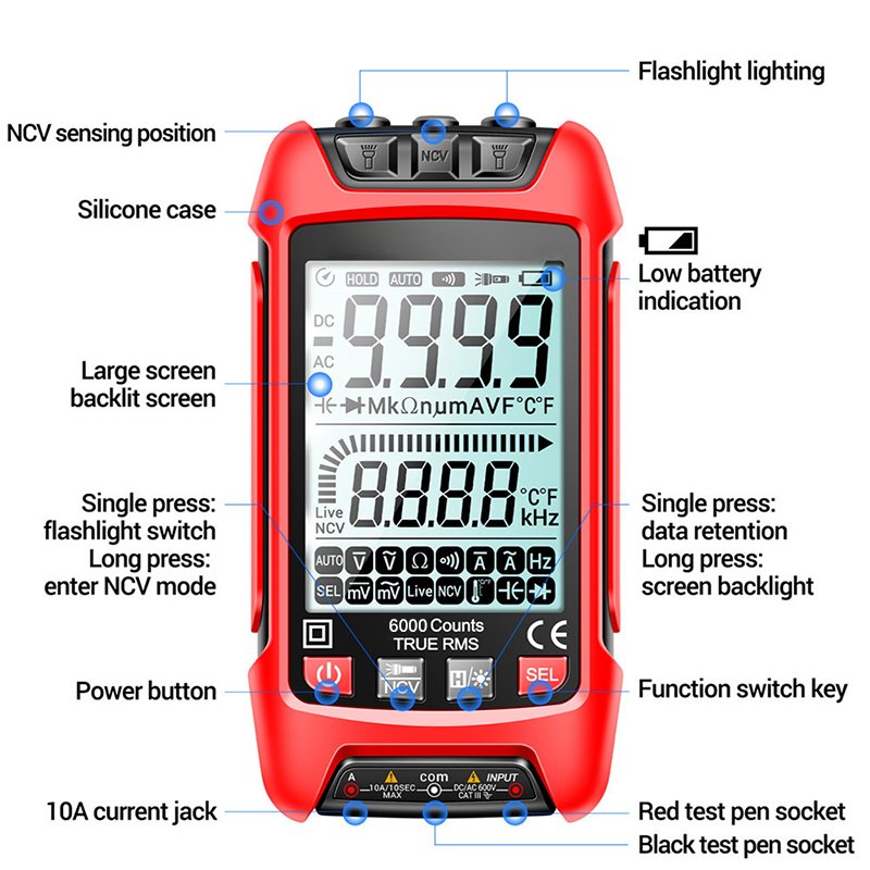 Large Screen LCD Backlight Display Smart Digital Multimeter AC DC Voltage Currrent Resistance Multimeter Tester