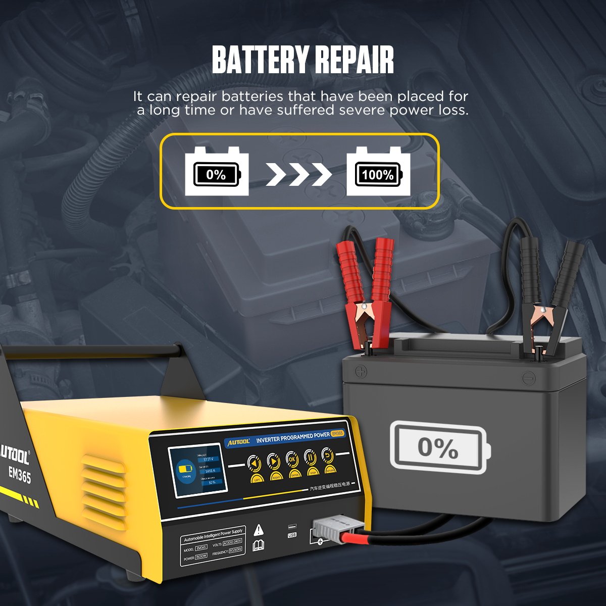 AUTOOL EM365 3 In 1 Inverter Programming Battery Charger Car Portable Power Supply Jump Starter Power Bank