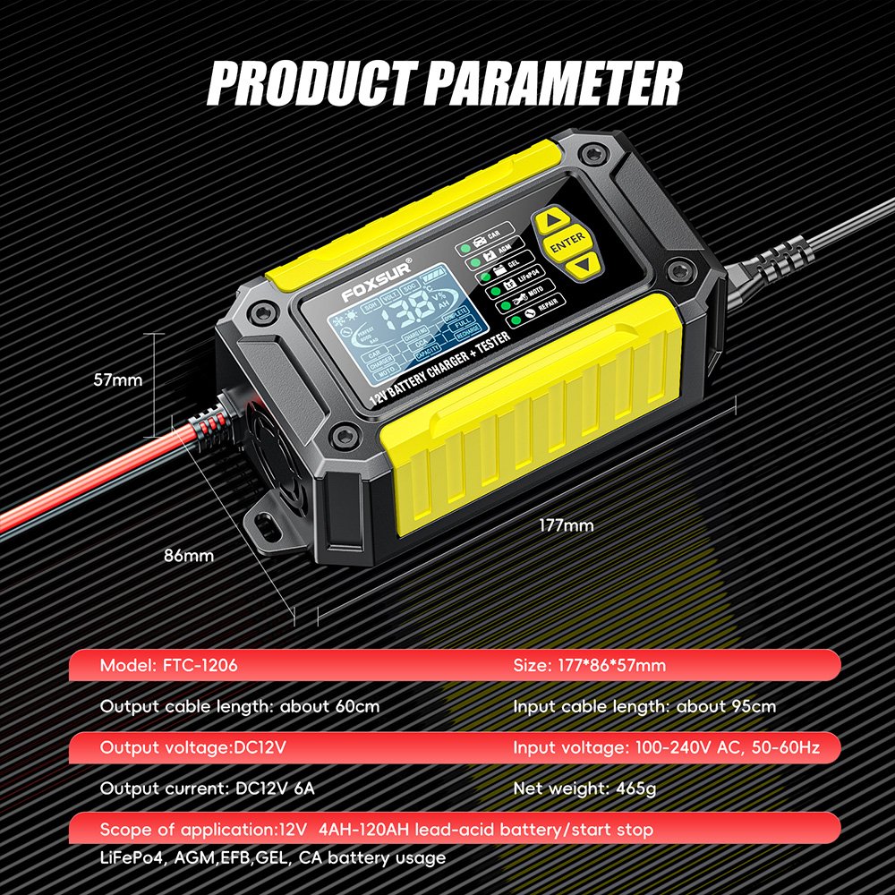 FOXSUR FTC-1206 Car Battery Charger 6V/12V 6A Portable Intelligent Automotive Battery Charger and 5-Stage Maintainer