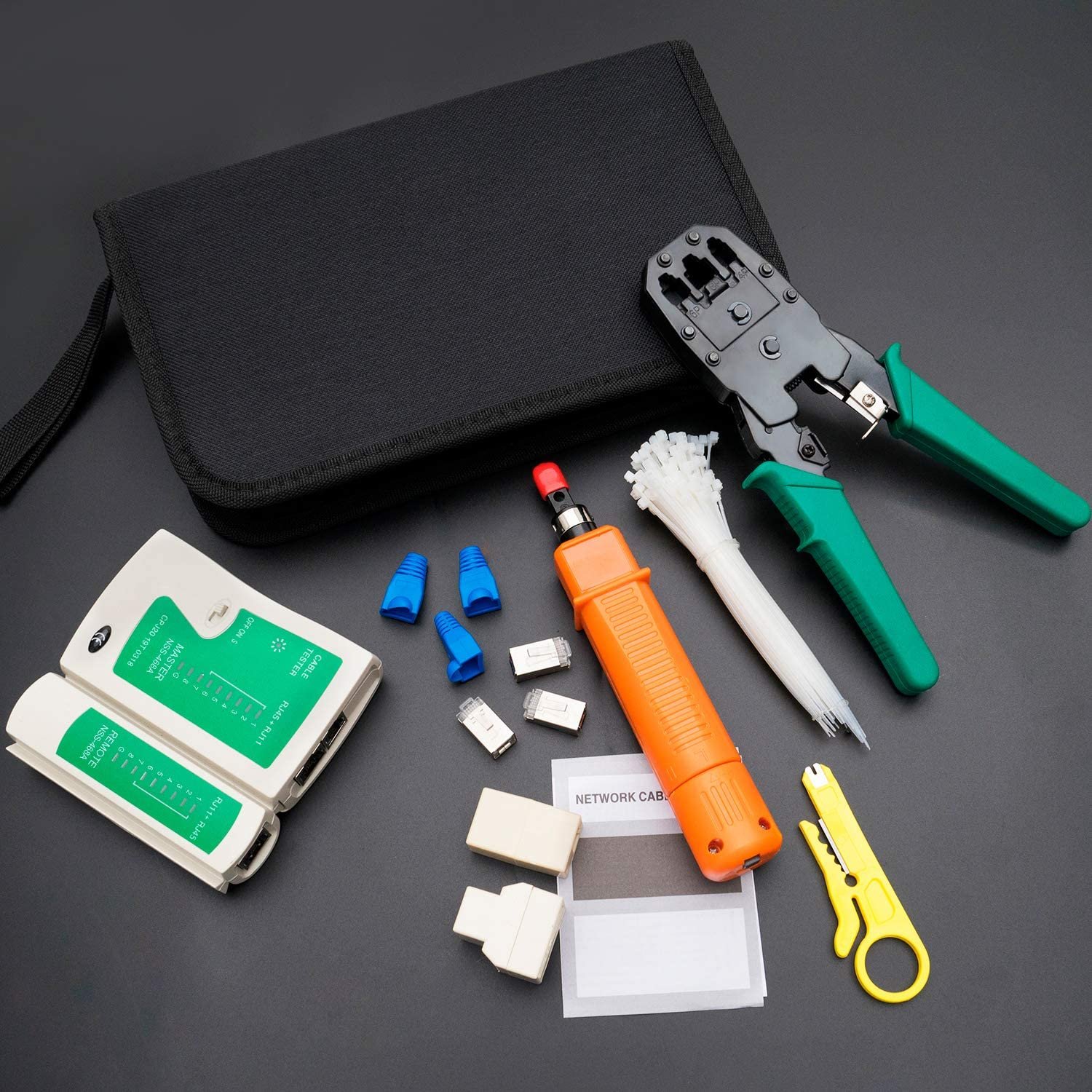 Professional Network multi Crimper Cuts Strips RJ45 Rj12 RJ11 Crimp including fiber optic network cable tester Tool Bag Kits