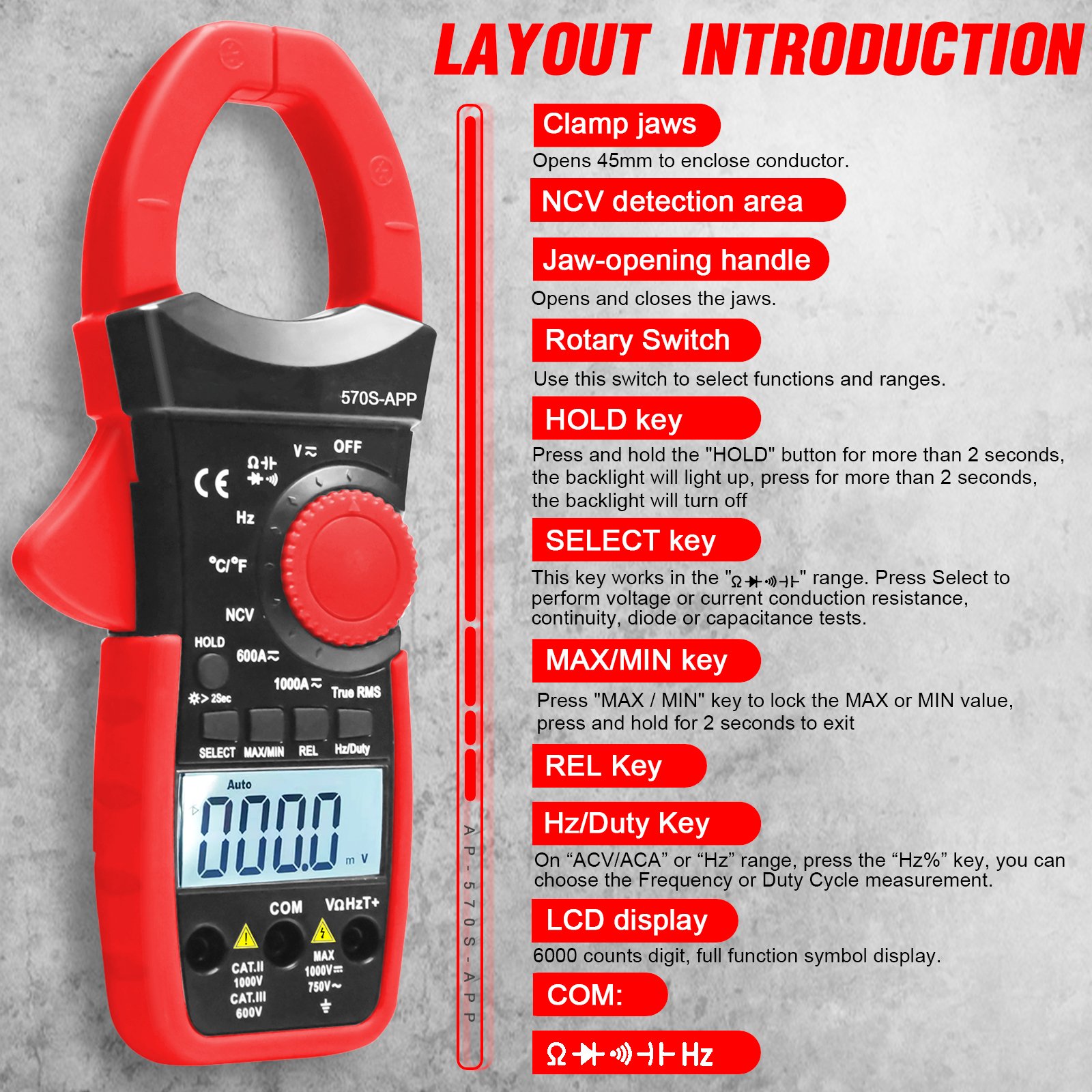 HoldPeak HP -570S-APP Portable 6000 Count Clamp Multimeter with App for Mobile Phones clamp meter ac dc digital