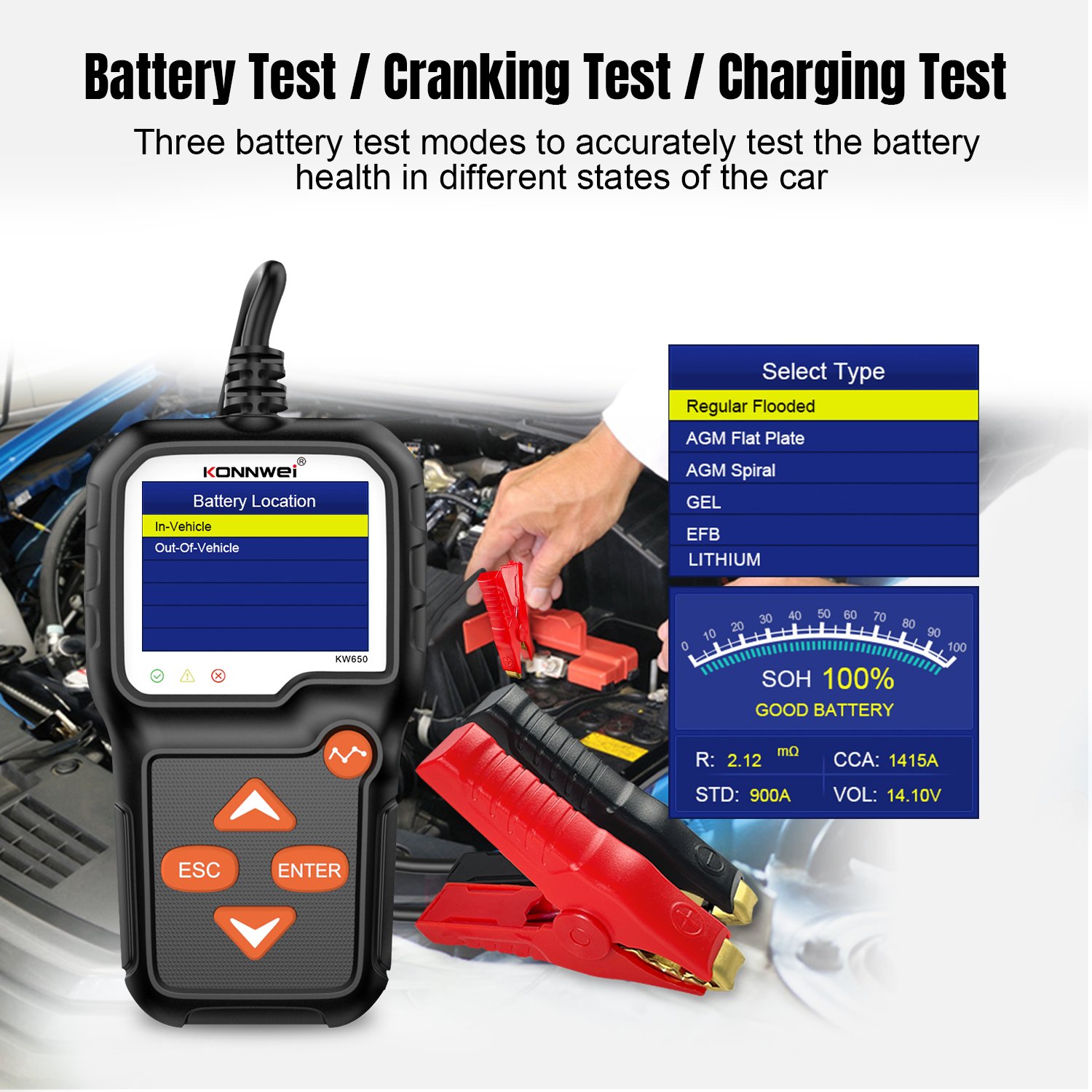 Factory Direct Konnwei kw650 car diagnostic tools 12v battery tester digital battery load tester for car, Motorcycle batteries