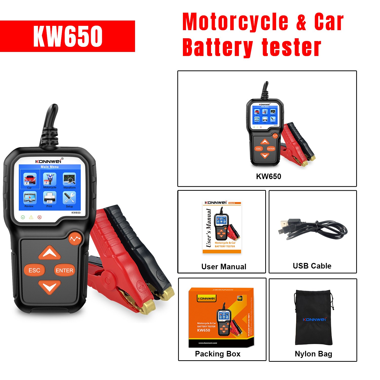 Factory Direct Konnwei kw650 car diagnostic tools 12v battery tester digital battery load tester for car, Motorcycle batteries