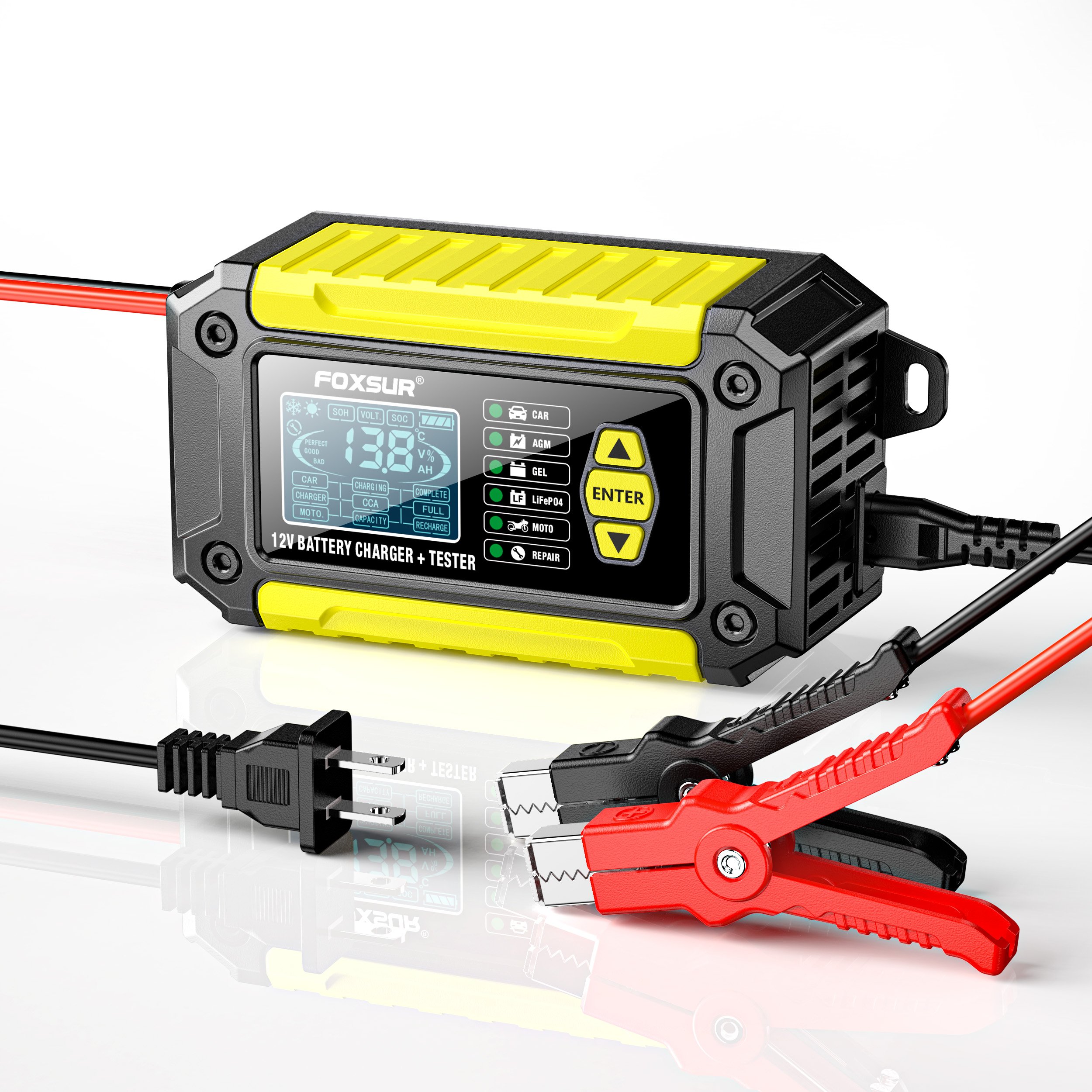 FOXSUR Motorcycle car battery charger 12V 6A battery tester pulse repair 12 volt lifepo4 lead acid battery charger & analyzer