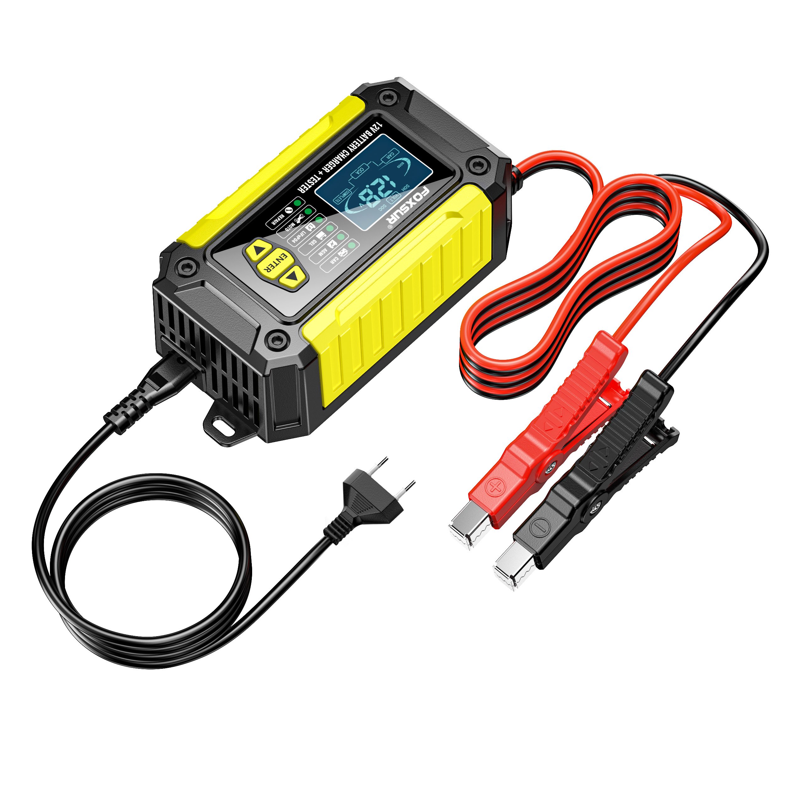 FOXSUR Motorcycle car battery charger 12V 6A battery tester pulse repair 12 volt lifepo4 lead acid battery charger & analyzer