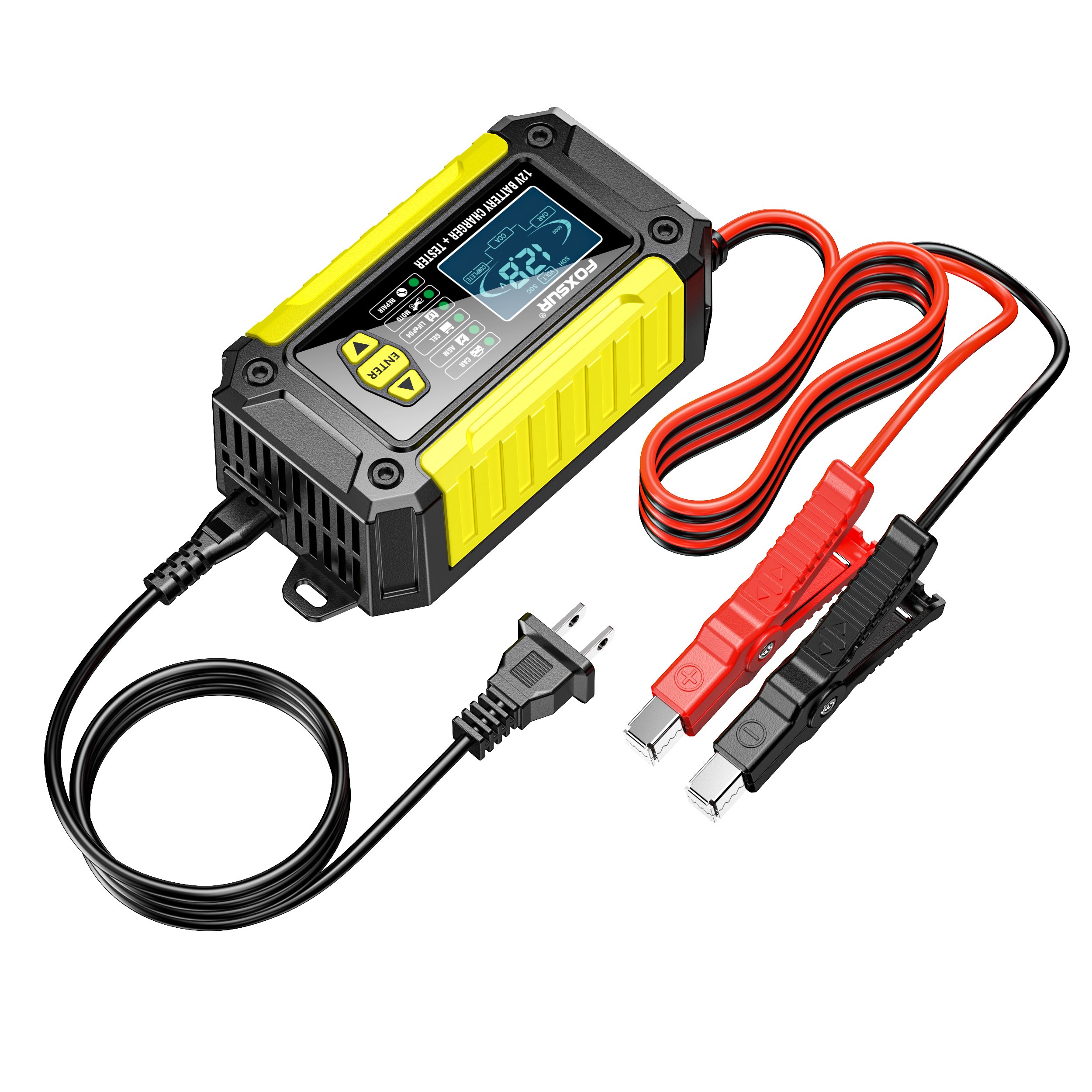 FOXSUR Motorcycle car battery charger 12V 6A battery tester pulse repair 12 volt lifepo4 lead acid battery charger & analyzer