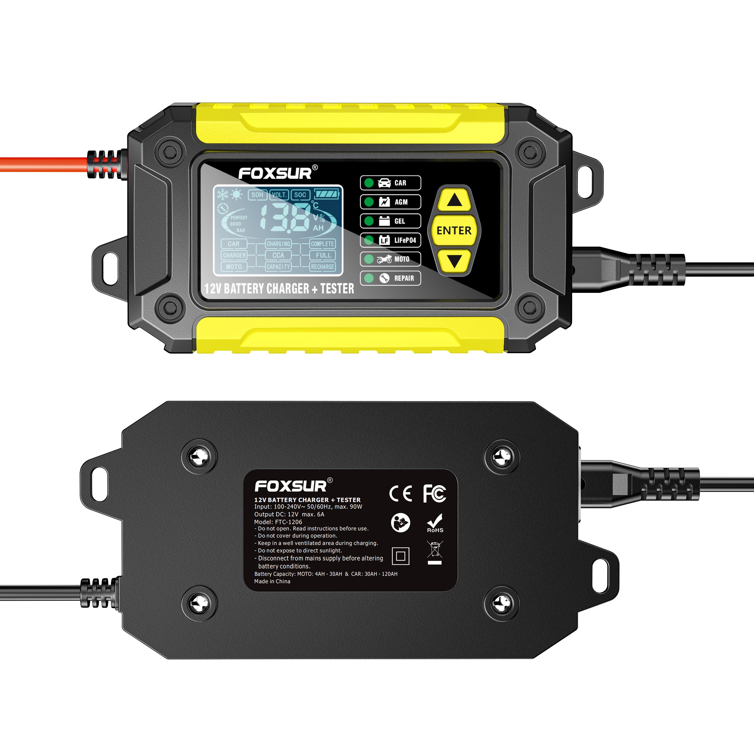 FOXSUR Motorcycle car battery charger 12V 6A battery tester pulse repair 12 volt lifepo4 lead acid battery charger & analyzer