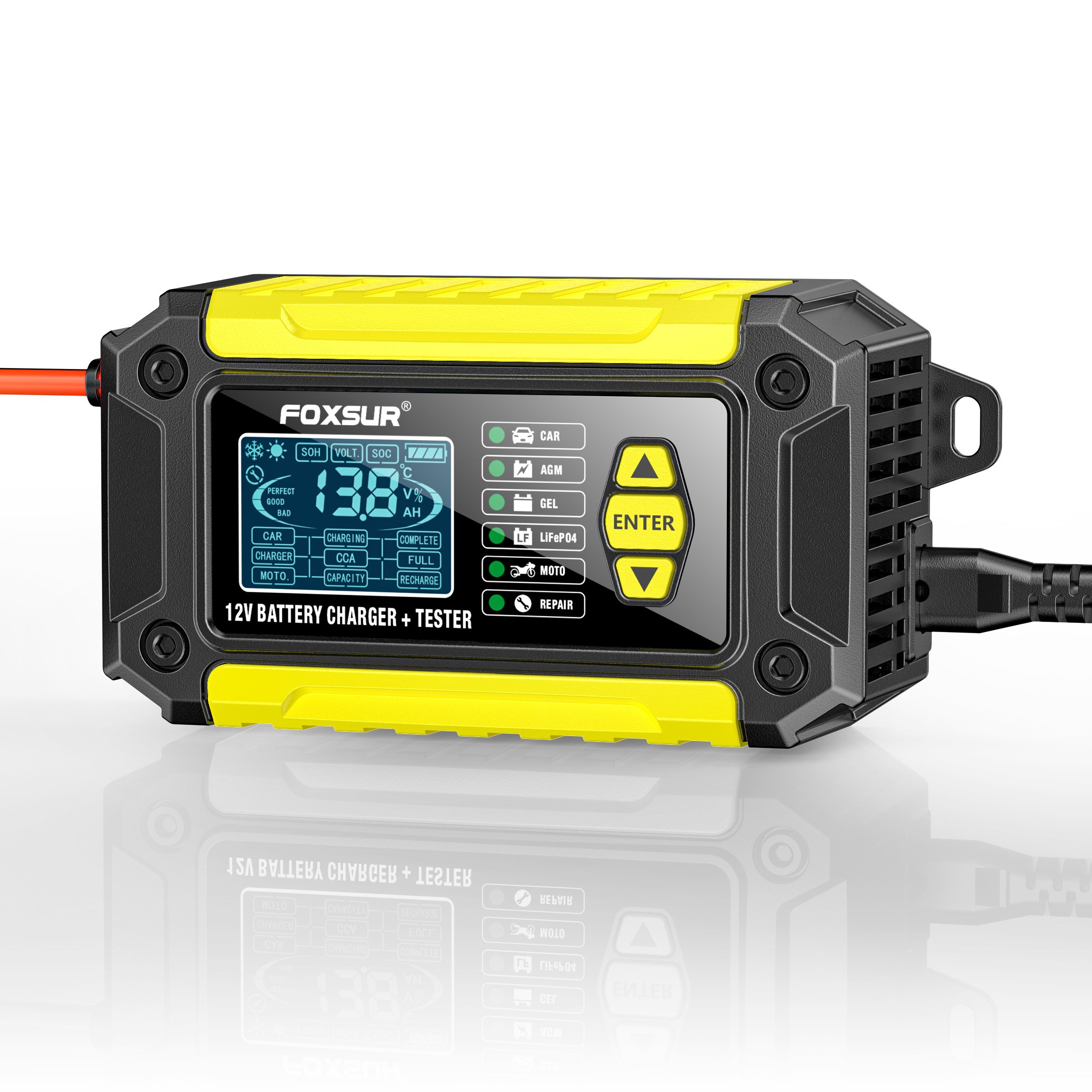 FOXSUR Motorcycle car battery charger 12V 6A battery tester pulse repair 12 volt lifepo4 lead acid battery charger & analyzer