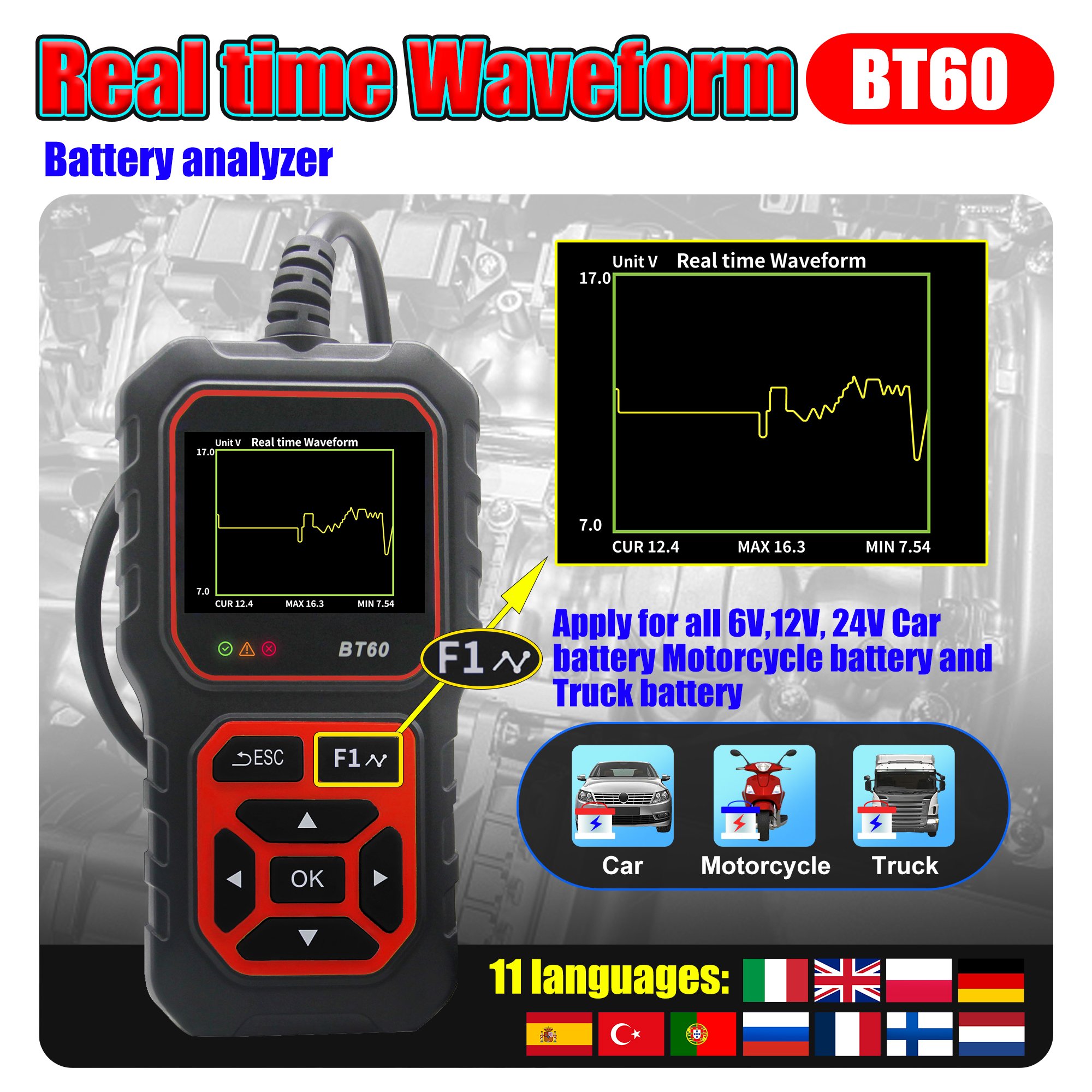 Acclope Factory Hotsale BT60 12V/24V Bettery Detector Cell Tester Battery System Tester