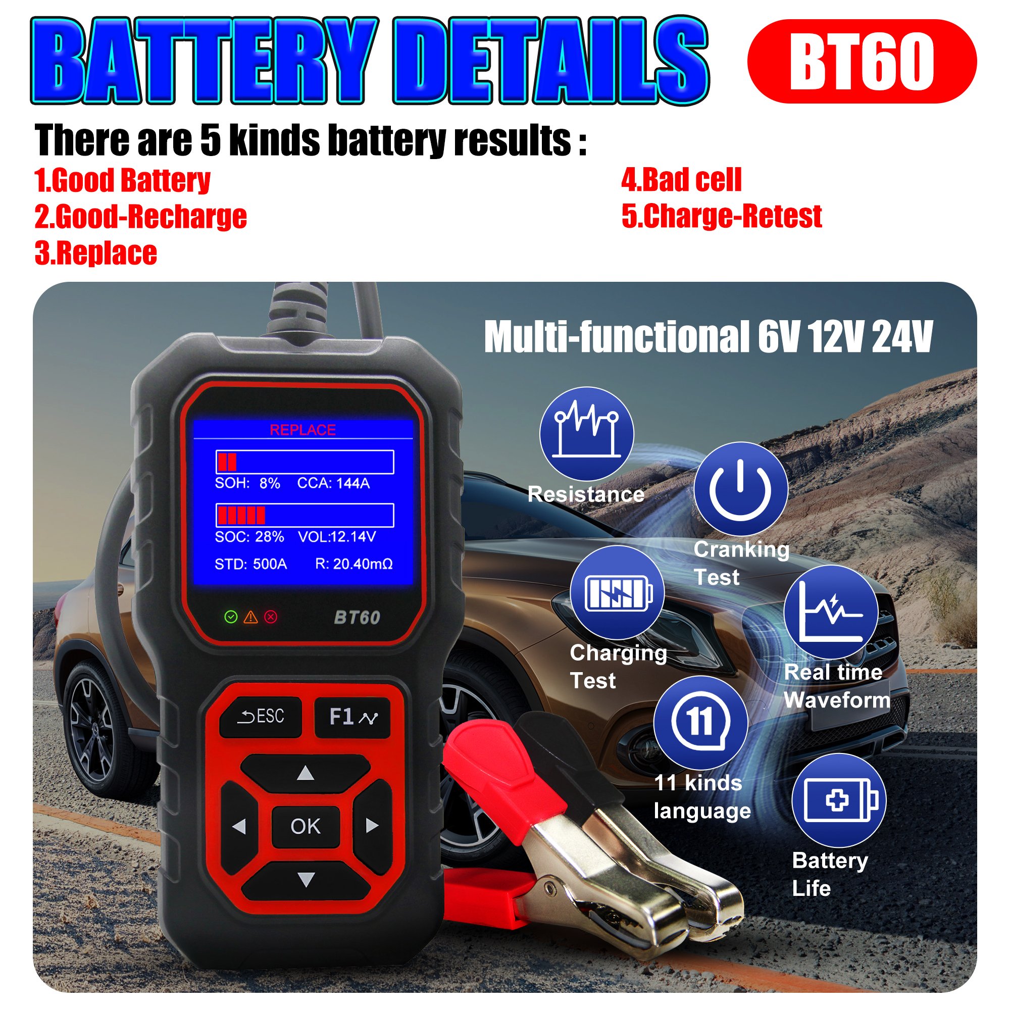 Acclope Factory Hotsale BT60 12V/24V Bettery Detector Cell Tester Battery System Tester