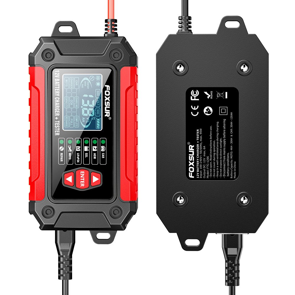 FOXSUR 2 IN 1 motorcycle lead acid battery maintainer charger 12v 6a car truck agm gel battery tester charge