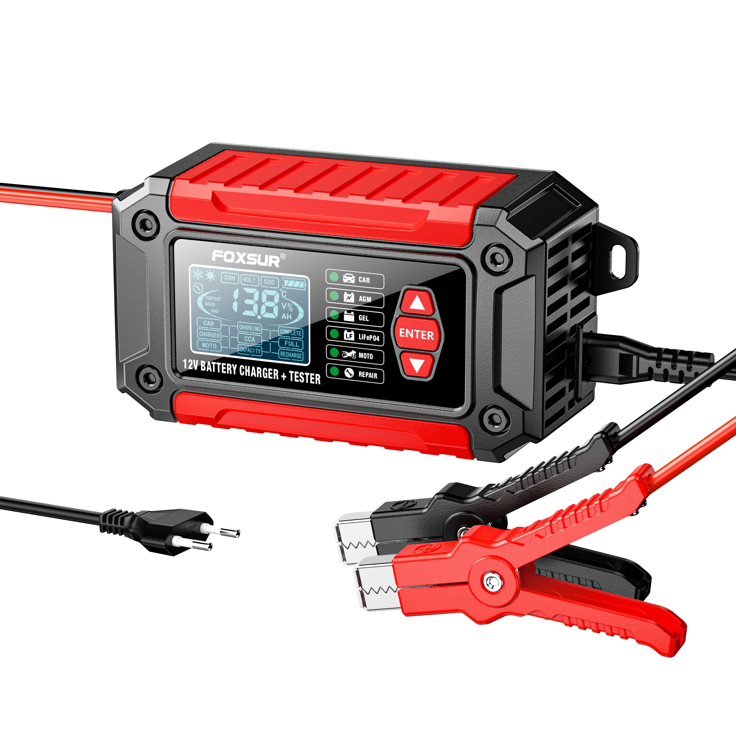 FOXSUR 2 IN 1 motorcycle lead acid battery maintainer charger 12v 6a car truck agm gel battery tester charge
