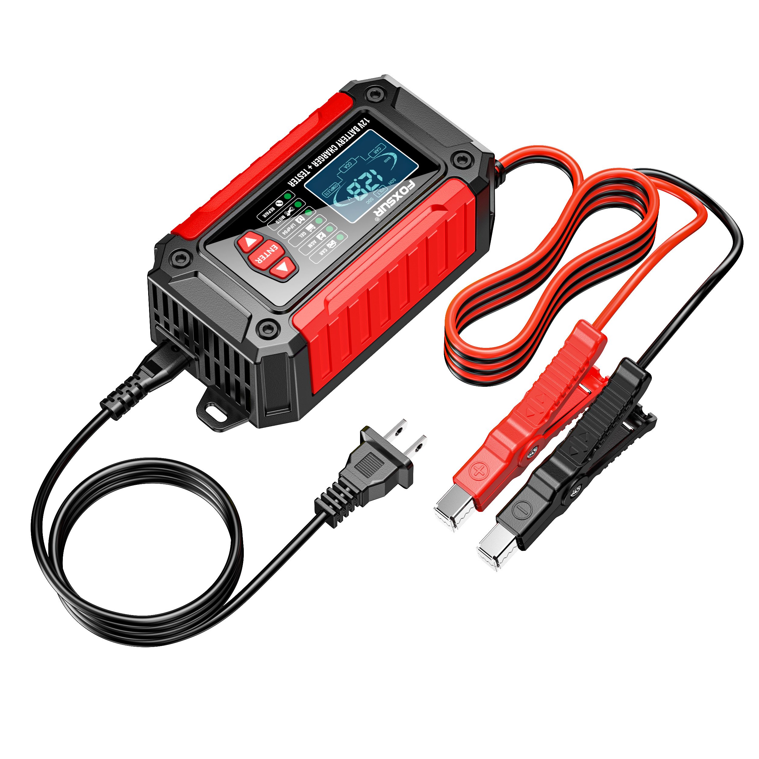 FOXSUR 2 IN 1 motorcycle lead acid battery maintainer charger 12v 6a car truck agm gel battery tester charge