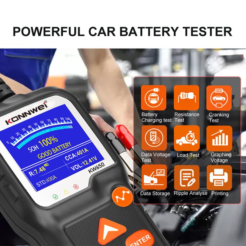 OBDII engine and battery health check konnwei kw650 6v 12v car motorcycle battery tester