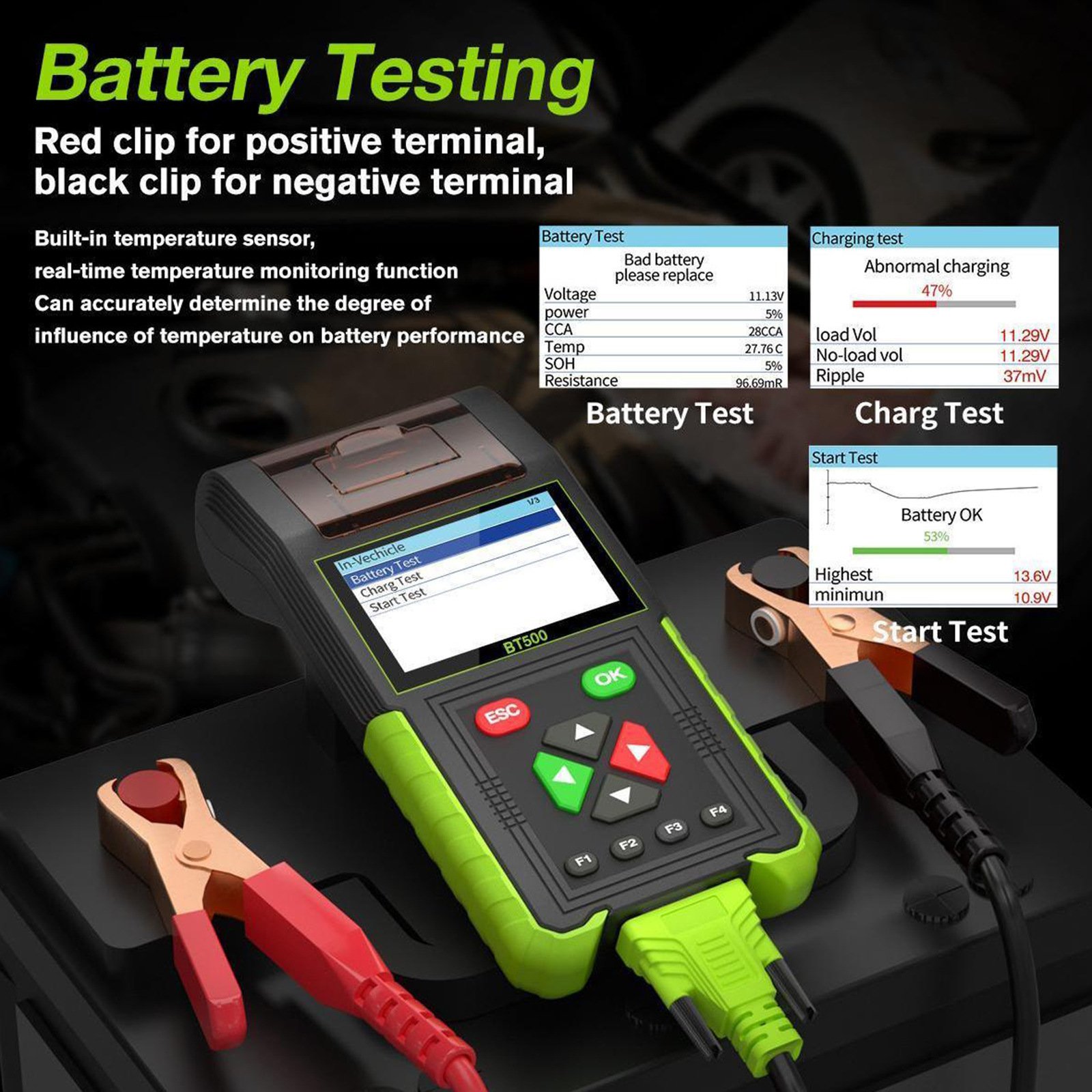 JDiag Topdiag BT500 Auto Battery Analyzer with Real Time Accurate Detection 12V 24V Support Data Printing Car Battery Tester