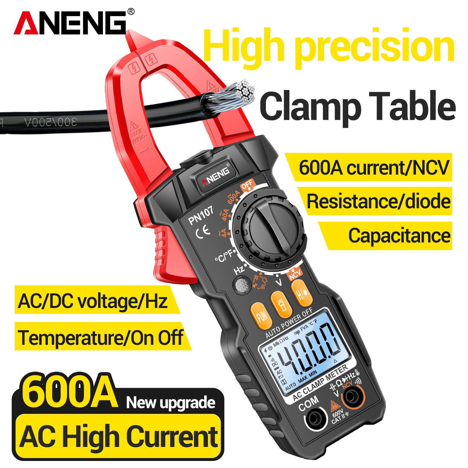 ANENG PN107 4000 Counts Digital Clamp Meter 600A AC Current Tester Voltmeter Ammeter NCV Diode Professional Electrician Tools