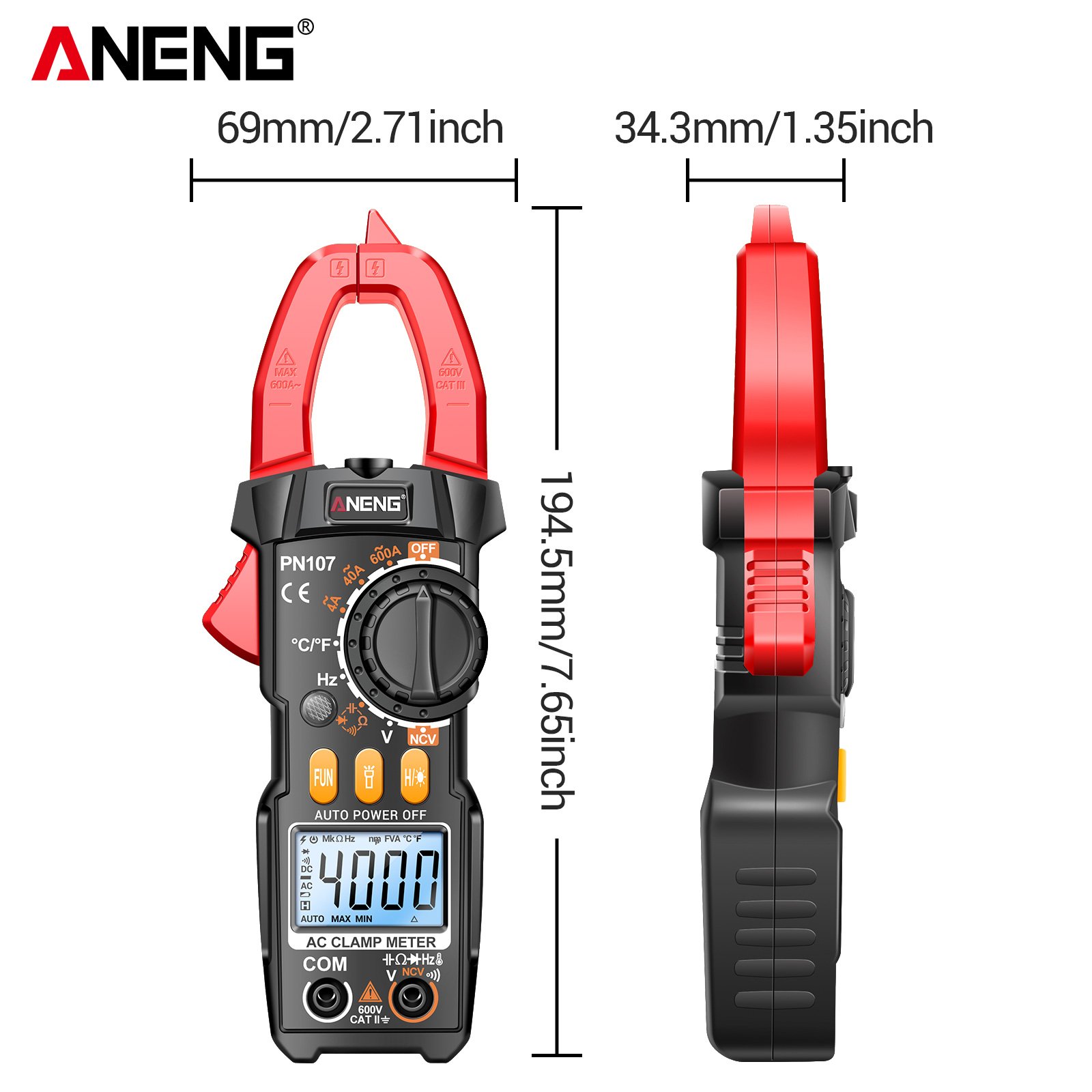 ANENG PN107 4000 Counts Digital Clamp Meter 600A AC Current Tester Voltmeter Ammeter NCV Diode Professional Electrician Tools