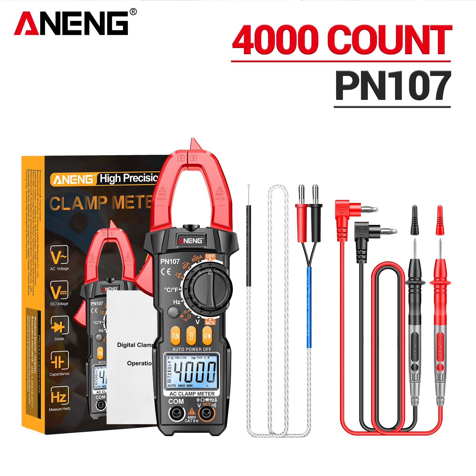 ANENG PN107 4000 Counts Digital Clamp Meter 600A AC Current Tester Voltmeter Ammeter NCV Diode Professional Electrician Tools