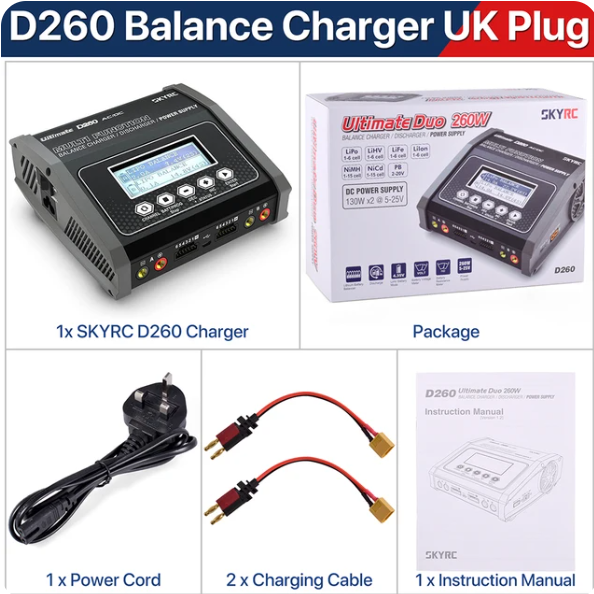 SKYRC D260 Lipo Battery Balance Charger Discharger Dual AC/DC 1-6S 260W for NiMH/NiCd/LiPo/LiFe/Lilon/LiHV/Pb RC Car USB Charger