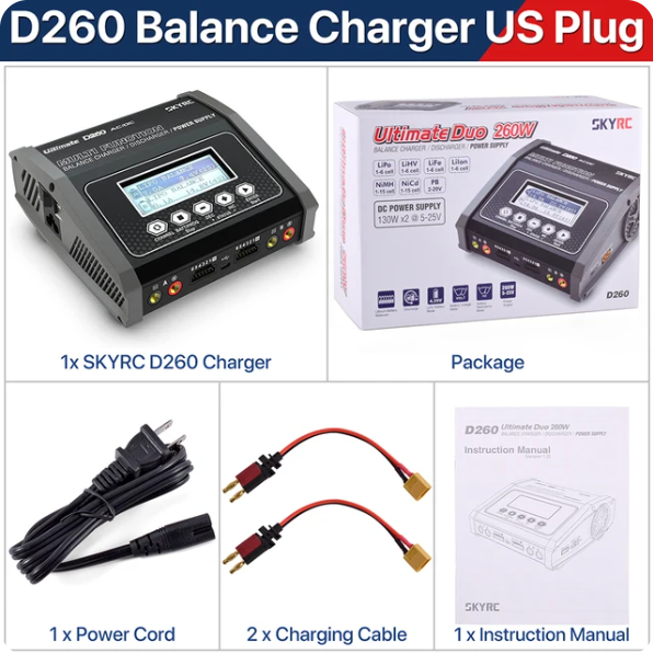 SKYRC D260 Lipo Battery Balance Charger Discharger Dual AC/DC 1-6S 260W for NiMH/NiCd/LiPo/LiFe/Lilon/LiHV/Pb RC Car USB Charger