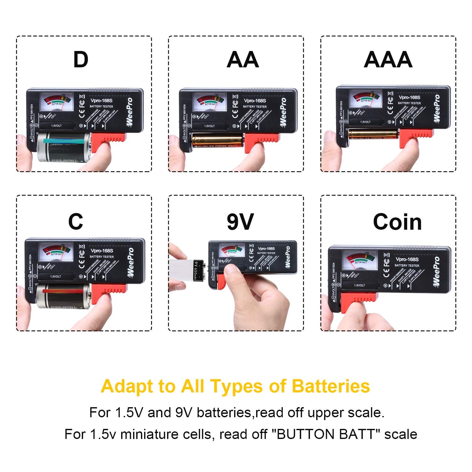 Battery Tester, Universal Battery Checker for AA / AAA / C / D / 9V / 1.5V Button Cell Batteries