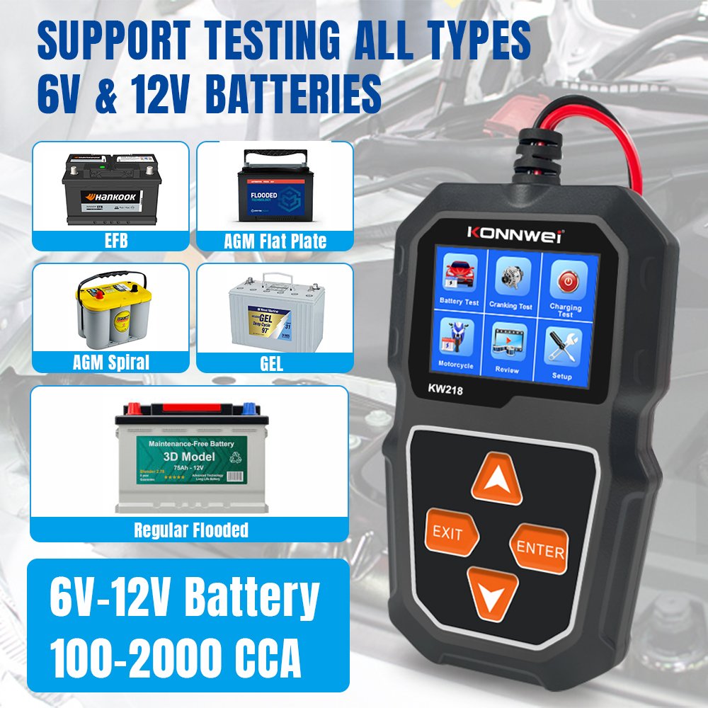 Factory lithium battery tester analyzer Konnwei kw218 car battery tester 6v 12v battery load tester for motorcycle, agm, gel