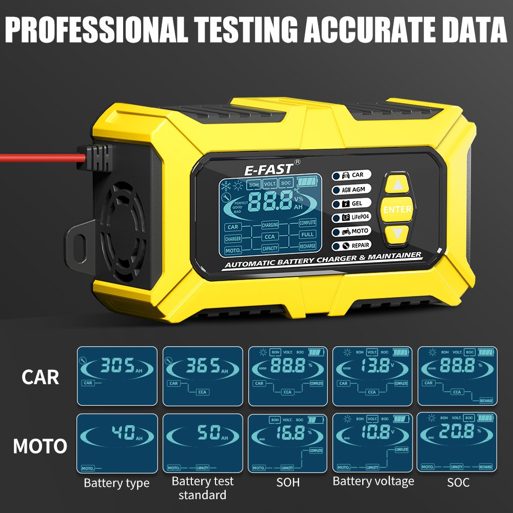 E-FAST 2 in 1 12v 6a lead acid battery tester charger automatic stop start stop lifepo4 Battery charger for car motorcycle