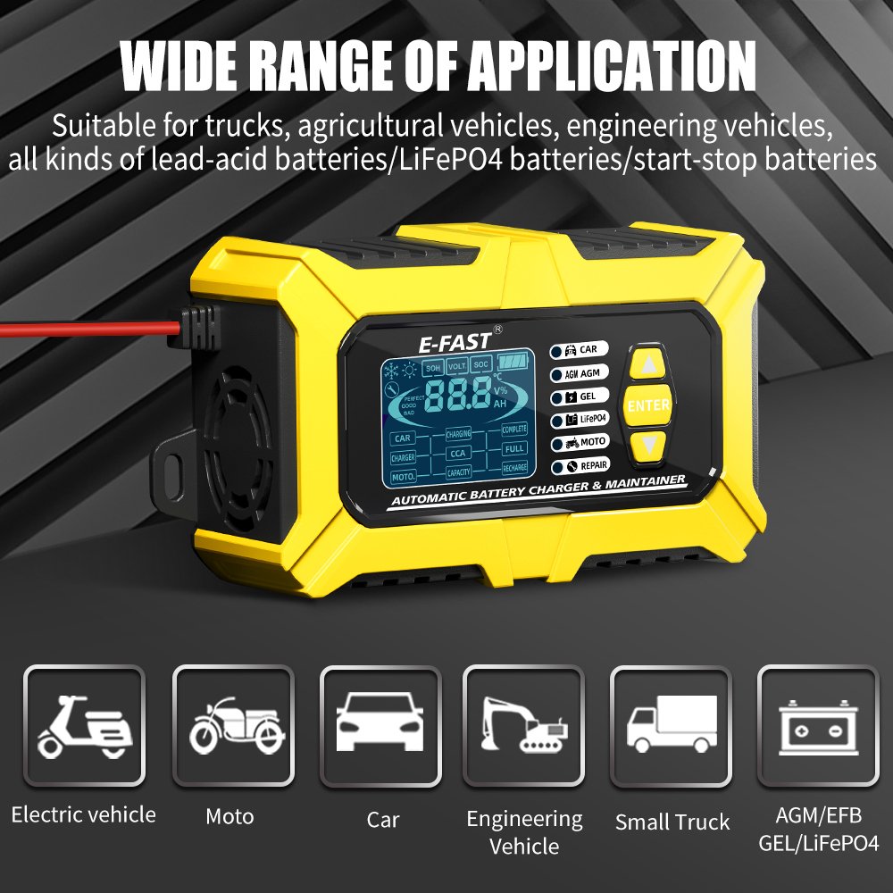 E-FAST 2 in 1 12v 6a lead acid battery tester charger automatic stop start stop lifepo4 Battery charger for car motorcycle
