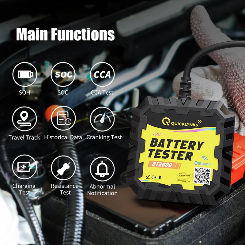 Car Battery CCA test Battery Battery monitor Health Analyzer Charging Test SOC SOH CCA VOL Internal resistance Quicklynks BT2000