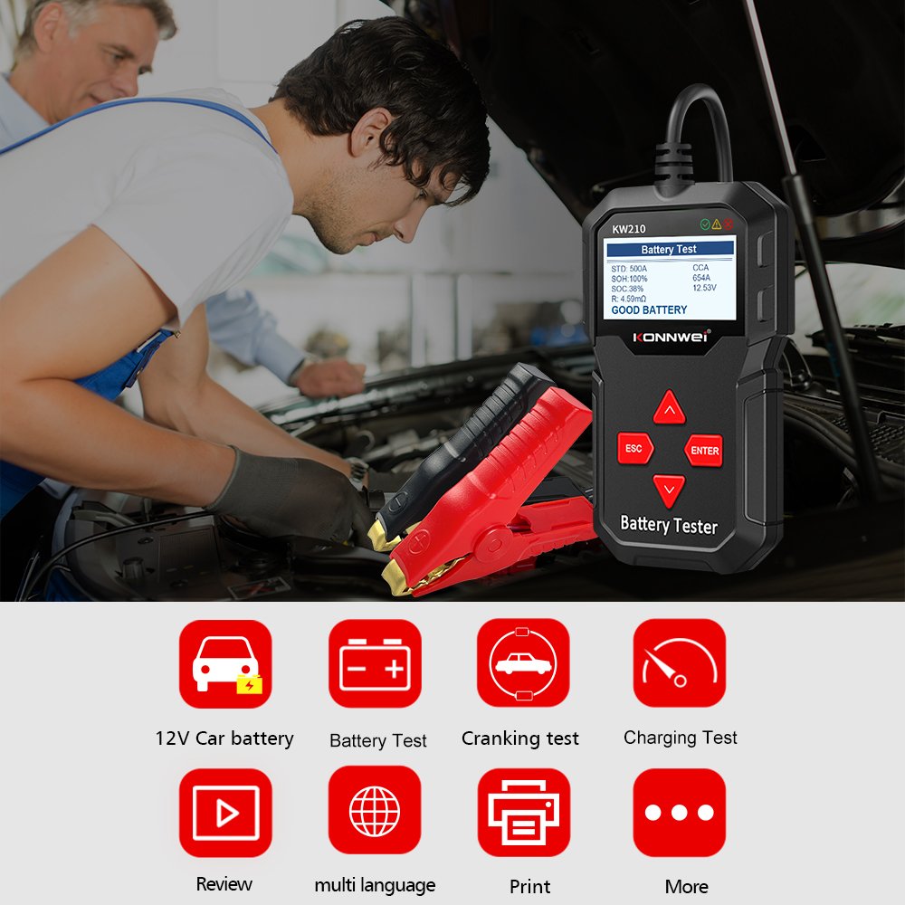 KONNWEI KW210 12V Car Battery Testing Tool Lead-acid GEL LifeP04 Battery Tester 100-2000 CCA Automotive Battery Health Detector