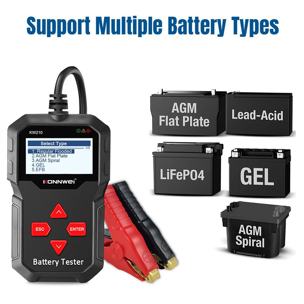 KONNWEI KW210 12V Car Battery Testing Tool Lead-acid GEL LifeP04 Battery Tester 100-2000 CCA Automotive Battery Health Detector