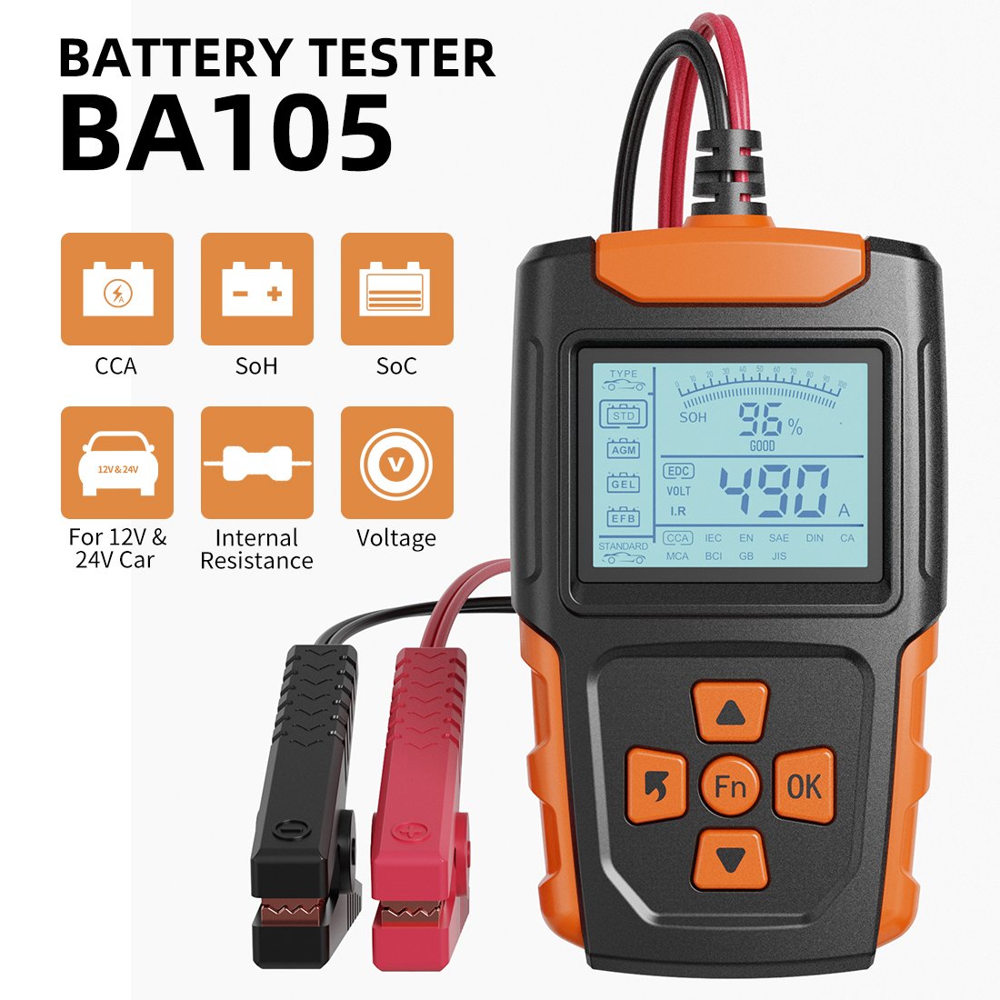 Car Battery Tester 12V start charging test battery diagnostic tool 100 to 2000 CCA test, cheap, full of features, ba105