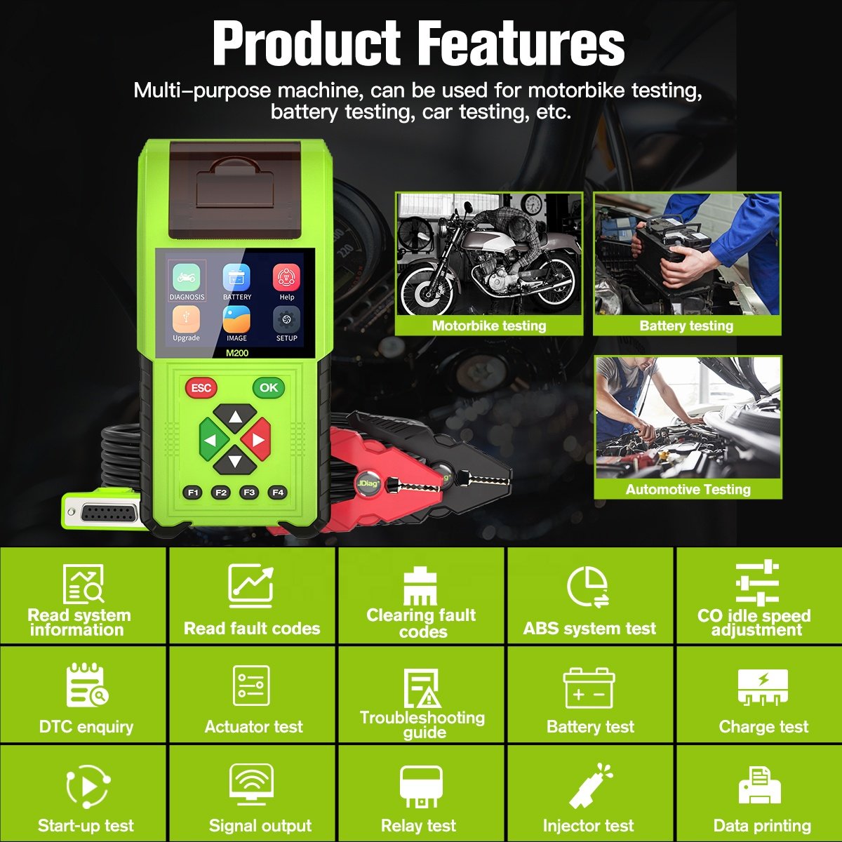 JDiag M200 Pro Full Version Multilingual universal motorcycle scanner With 24 Cable motorcycle scanner motorcycle battery tester