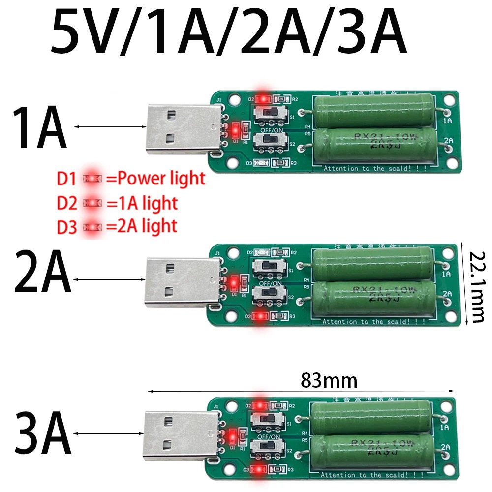 USB Resistor DC electronic load 2 switch adjustable current 5V 1A/2A/3A battery capacity voltage discharge resistance tester
