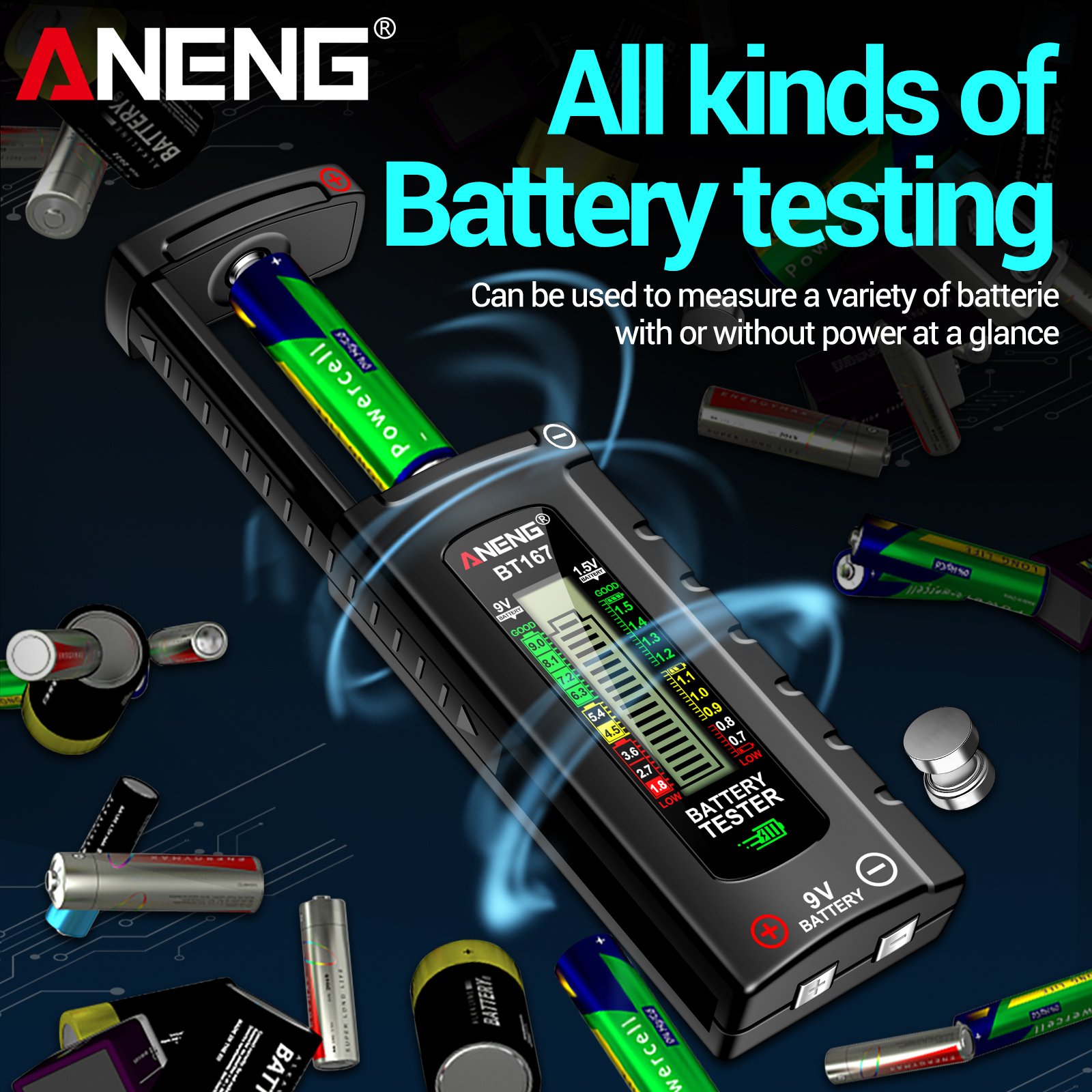 ANENG BT167 Battery Detector LCD Display C AA AAA D 9V 1.5V Universal Button Cell Tester Volt Test Checker Power Diagnostic Tool