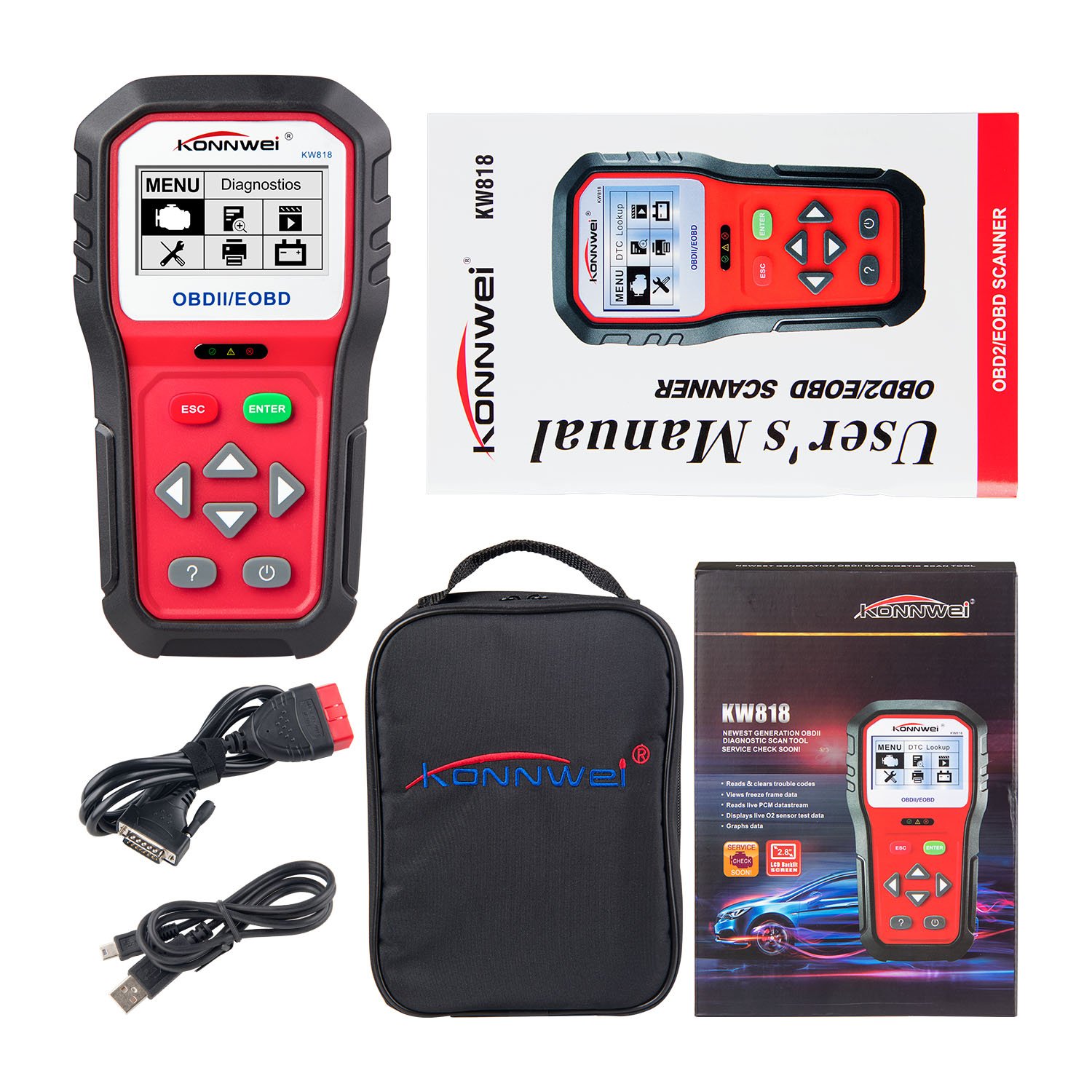 KONNWEI KW818 Enhanced OBDII ODB 2 Car Diagnostic Scanner 12V Battery Tester Check Engine Engine Automotive Code Reader Tool