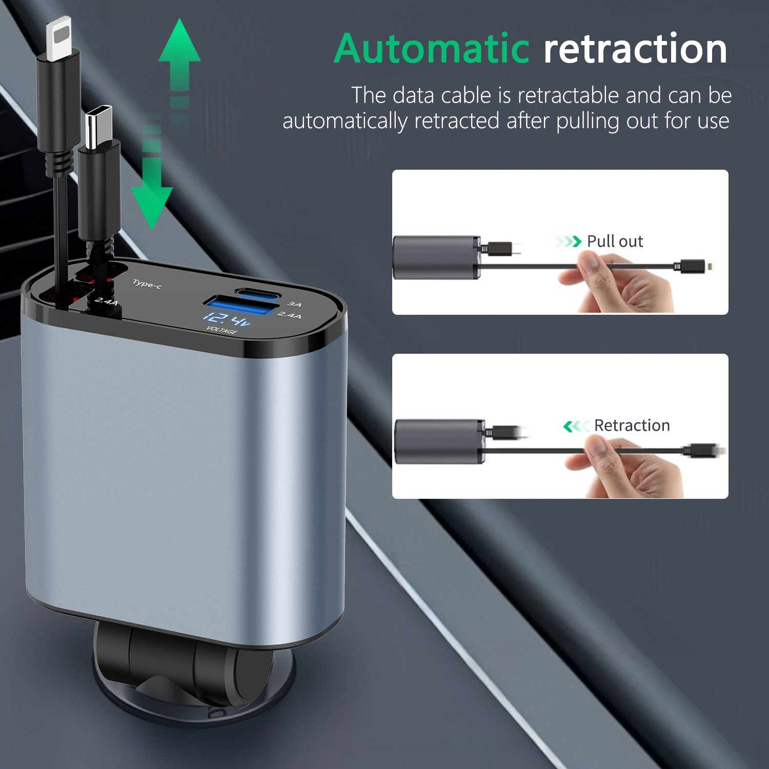 100W 4 IN 1 Retractable Car Charger USB Type C Cable For IPhone Samsung Fast Charge Cord Cigarette Lighter Adapter