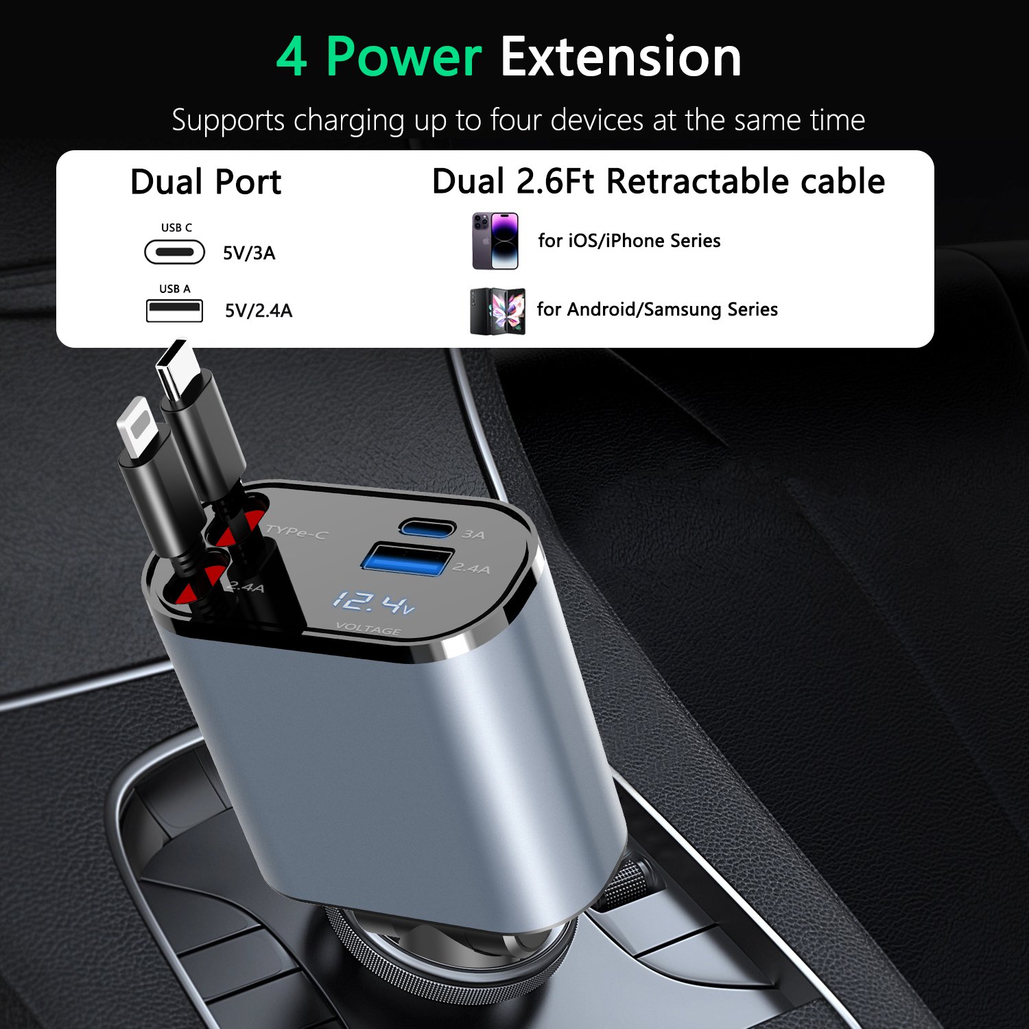 100W 4 IN 1 Retractable Car Charger USB Type C Cable For IPhone Samsung Fast Charge Cord Cigarette Lighter Adapter
