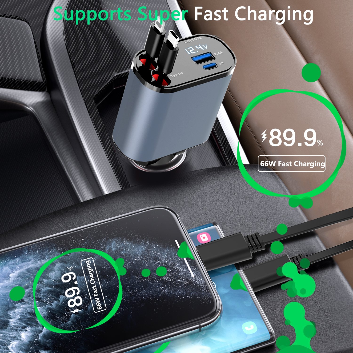 100W 4 IN 1 Retractable Car Charger USB Type C Cable For IPhone Samsung Fast Charge Cord Cigarette Lighter Adapter