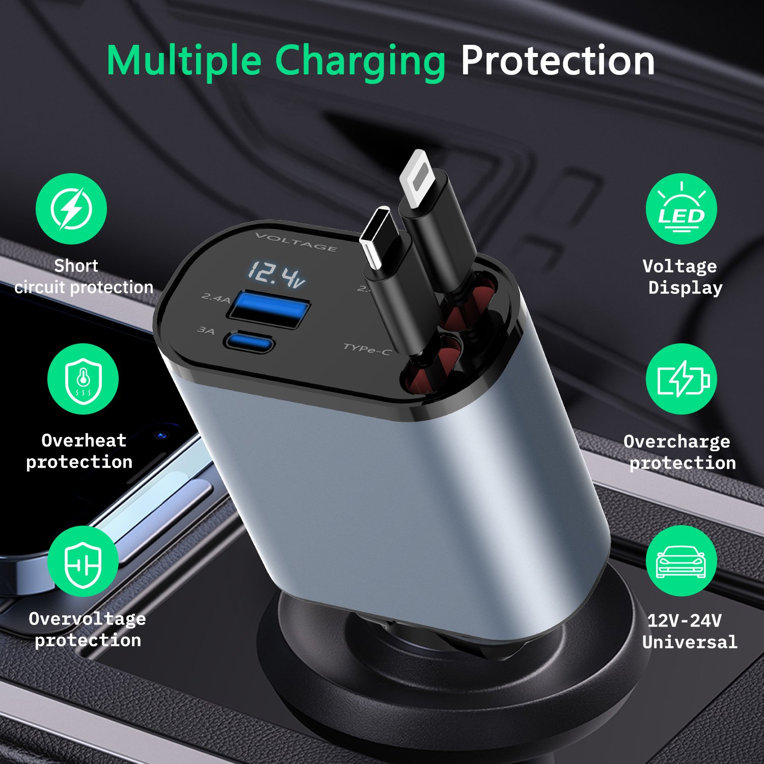 100W 4 IN 1 Retractable Car Charger USB Type C Cable For IPhone Samsung Fast Charge Cord Cigarette Lighter Adapter