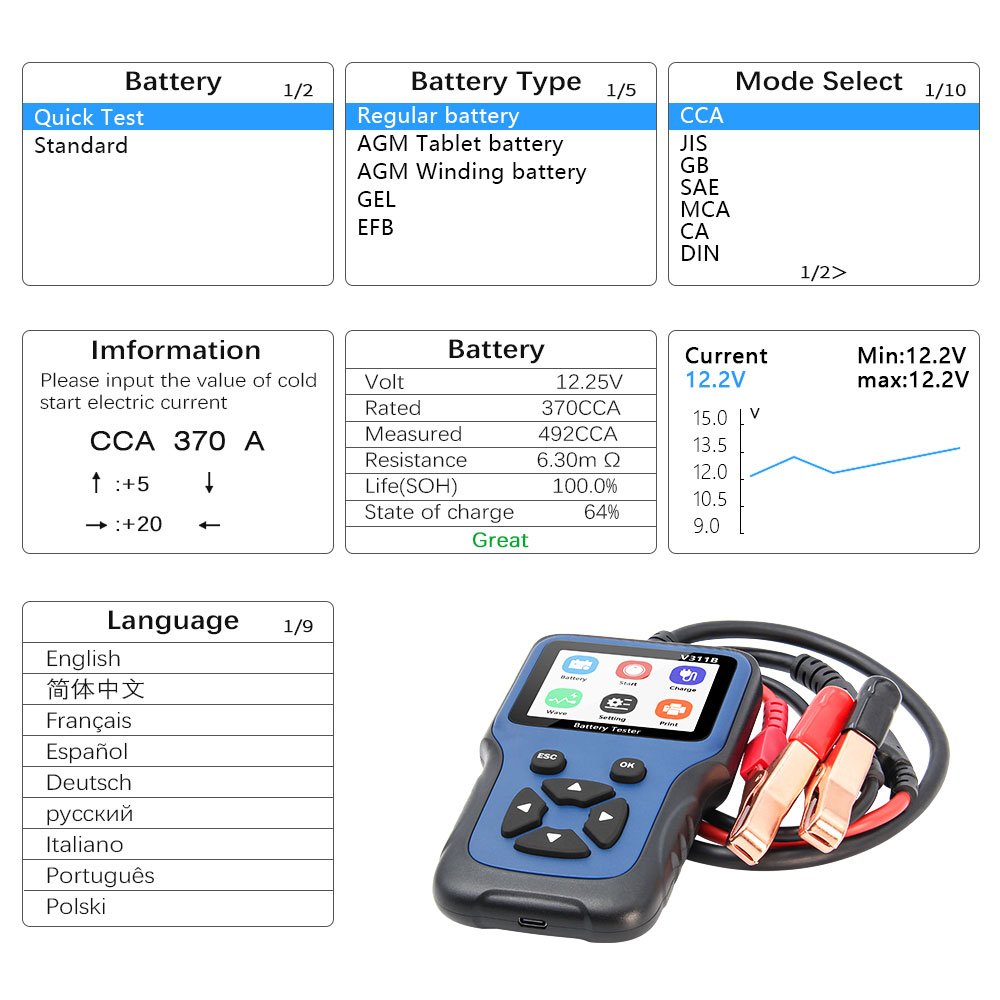 V311B battery tester for testing the car 12V battery